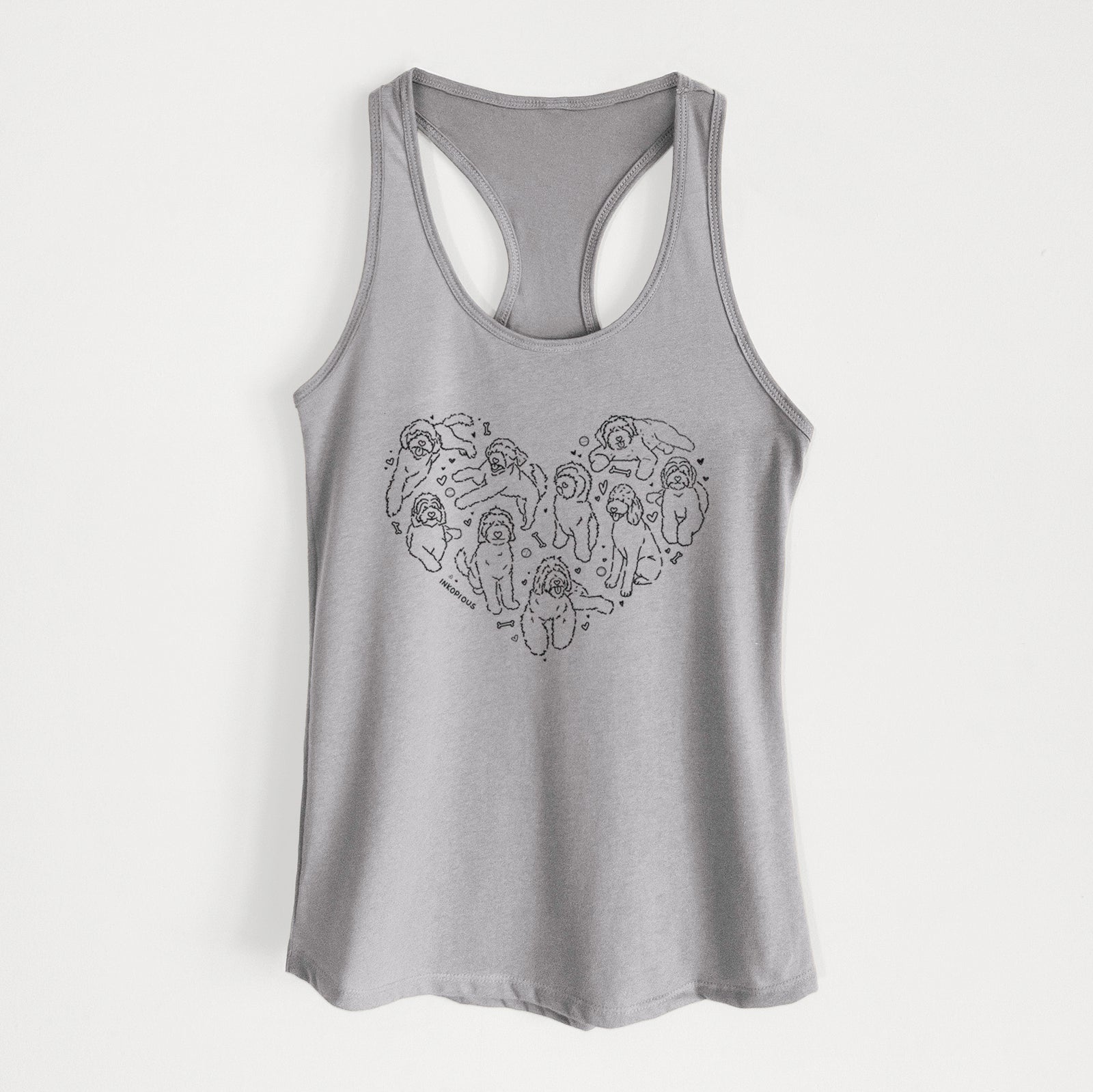 'Heart Full of Goldendoodles' design on a Heather Grey Women's racerback tanktop