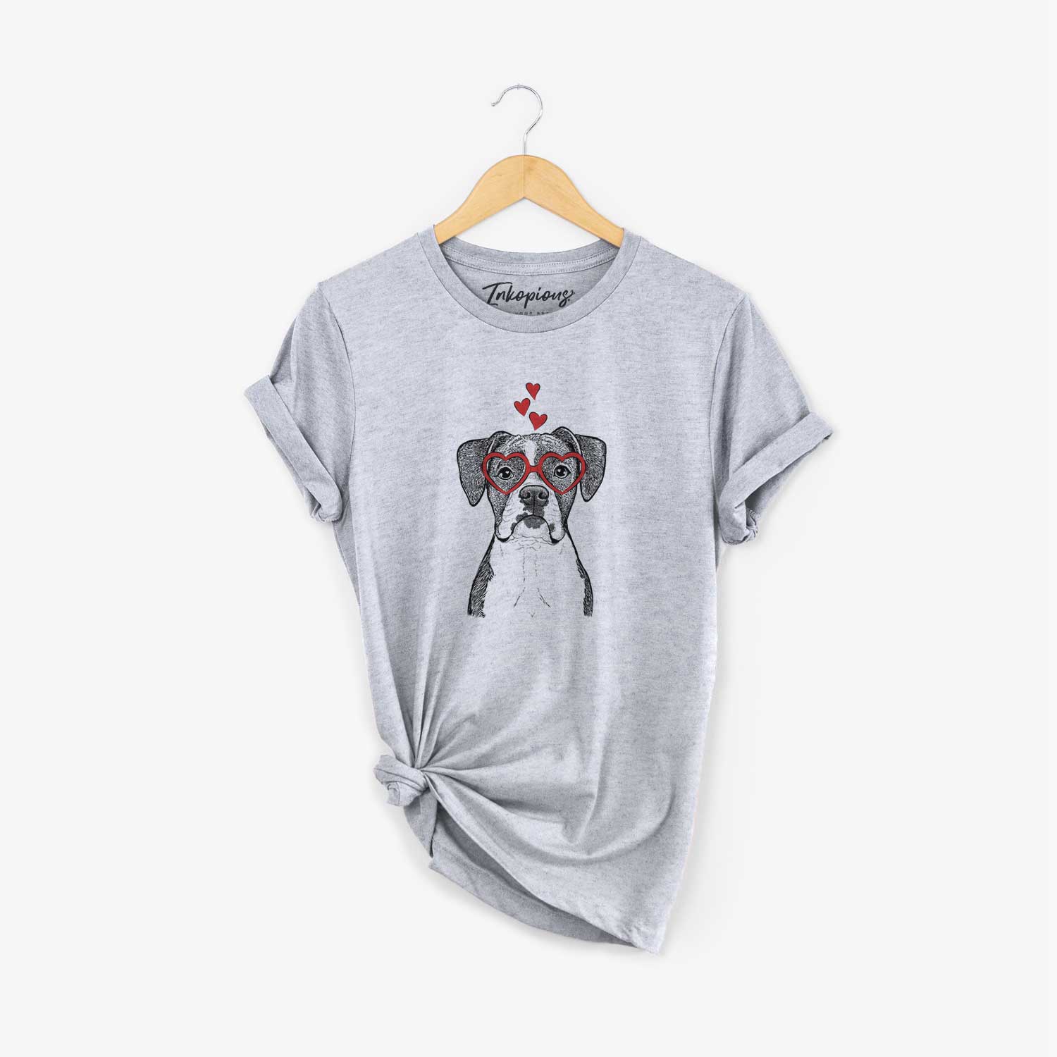 Hand-drawn sketch of Annie the Boxer wearing heart-shaped glasses on a Grey Unisex crewneck