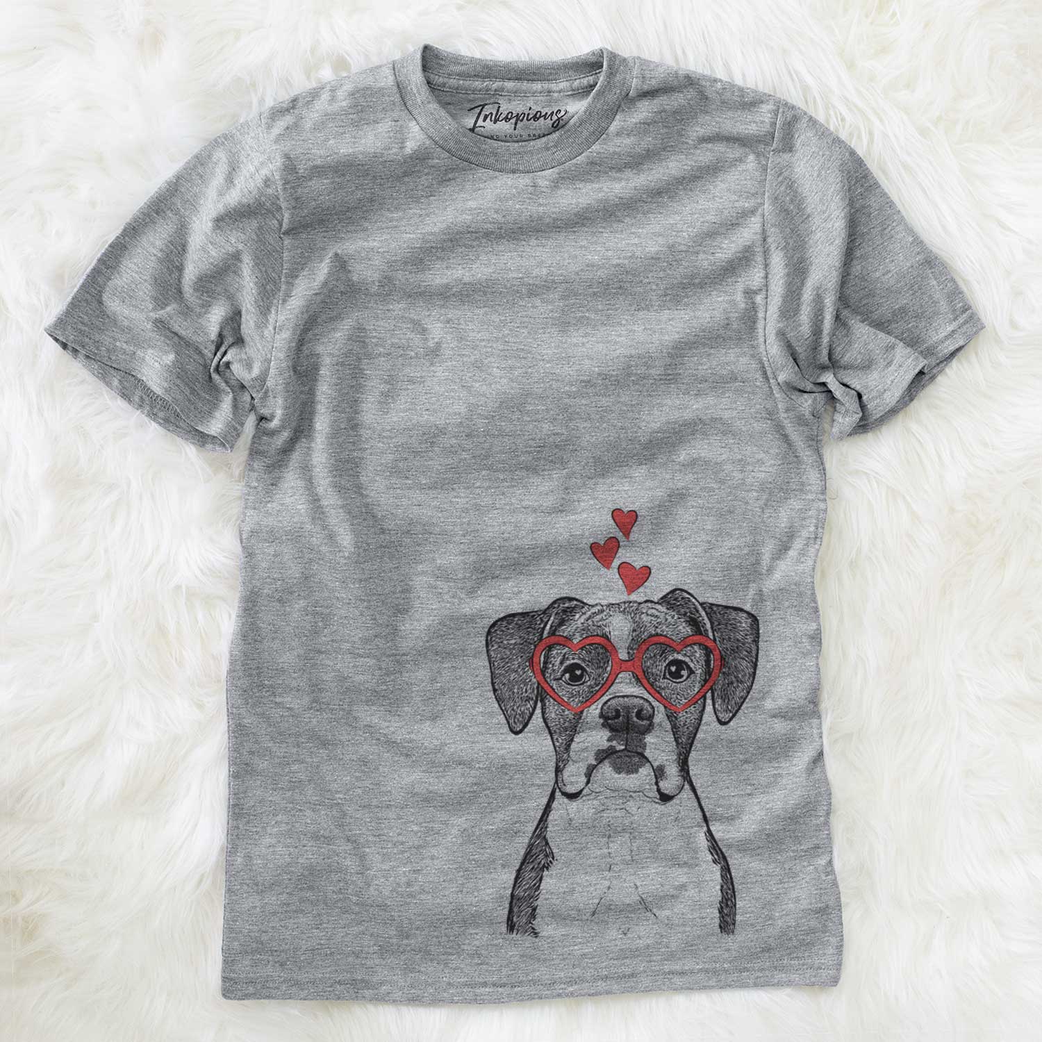 Hand-drawn sketch of Annie the Boxer wearing heart-shaped glasses on a Grey Unisex crewneck