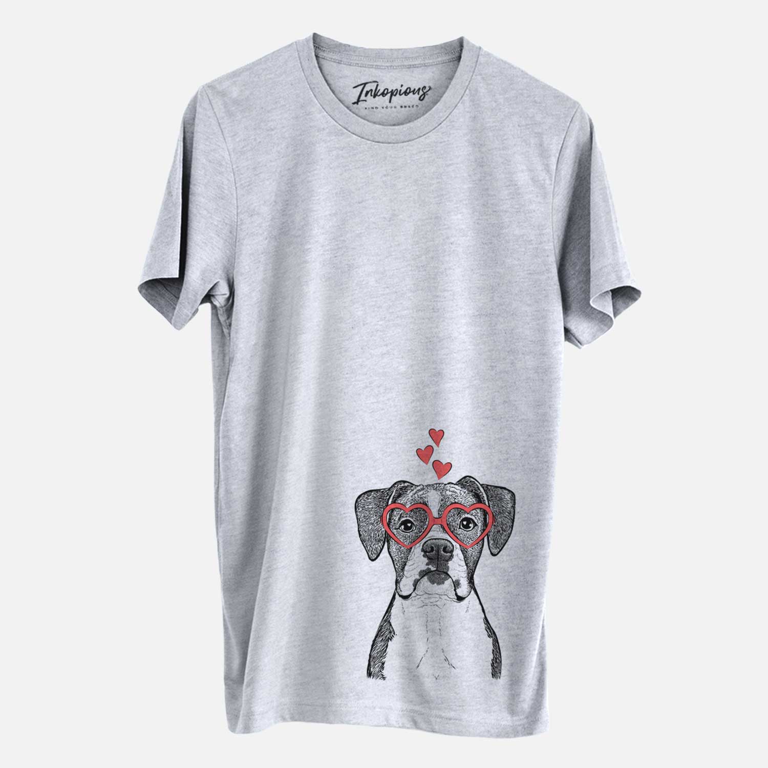 Hand-drawn sketch of Annie the Boxer wearing heart-shaped glasses on a Grey Unisex crewneck