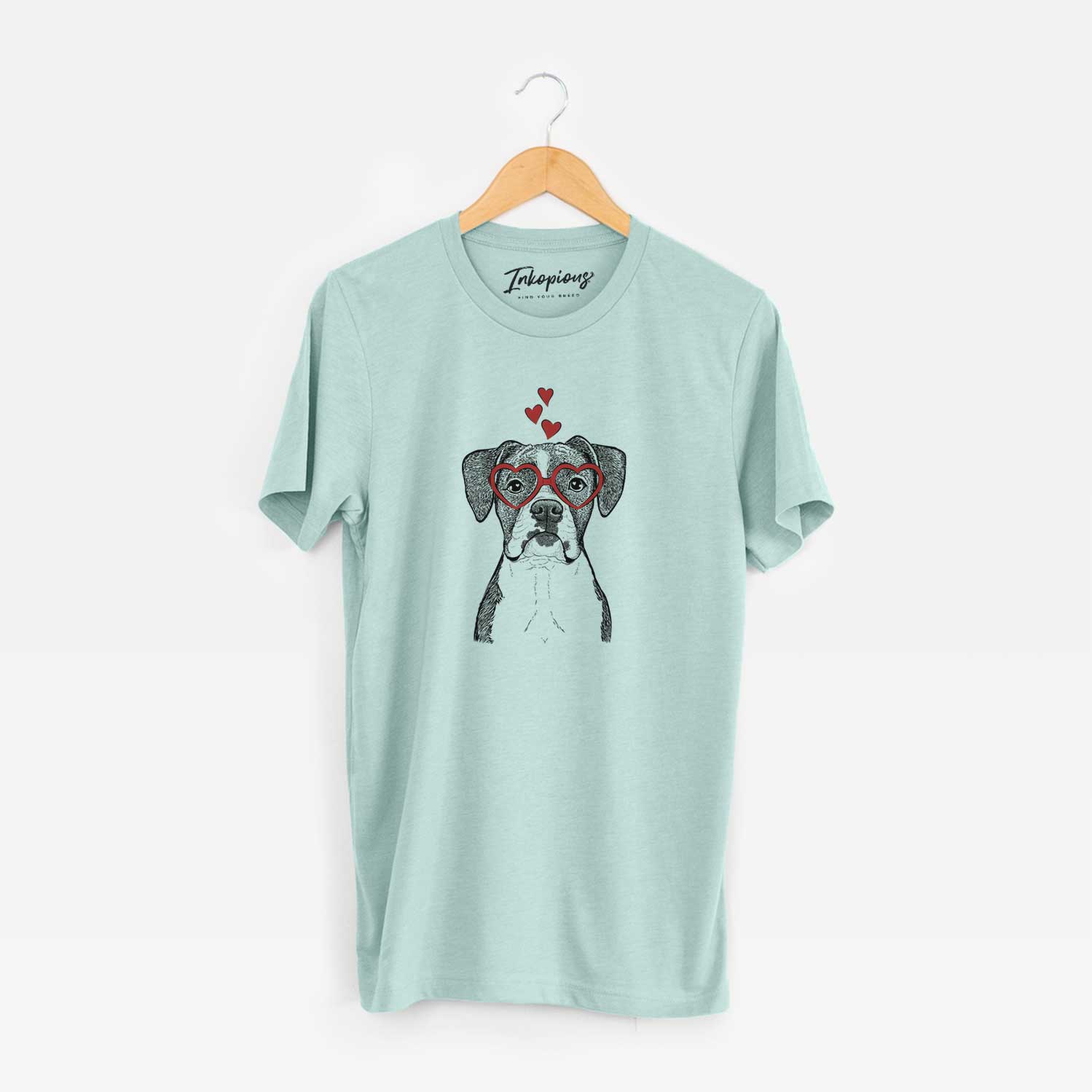 Hand-drawn sketch of Annie the Boxer wearing heart-shaped glasses on a Heather Sage Unisex crewneck
