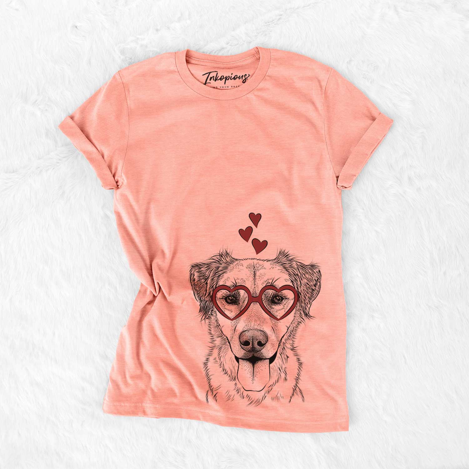 Hand-drawn sketch of Apollo the Mixed Breed wearing heart-shaped glasses on a Sunset Bella Canvas Unisex Crewneck