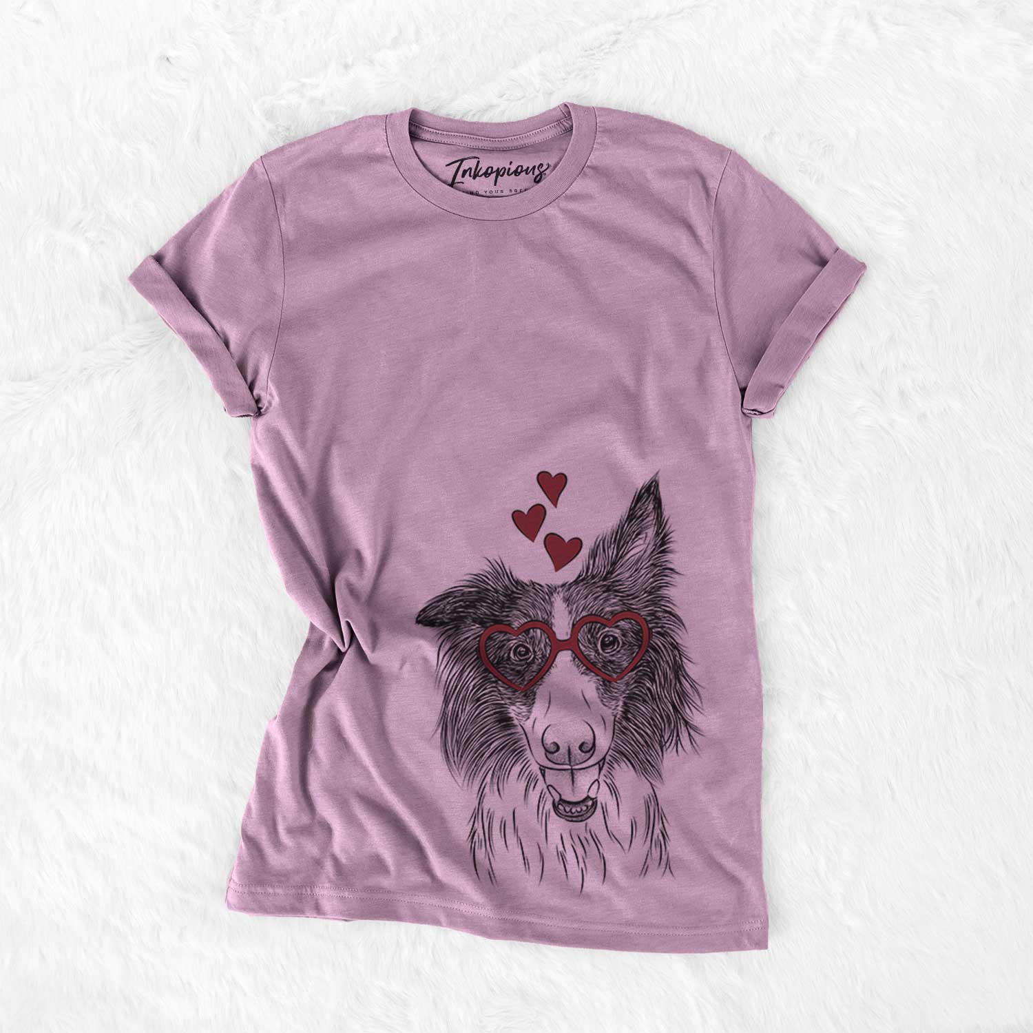 Hand-drawn sketch of Archie the Silken Windhound wearing heart-shaped glasses on an Orchid Bella Canvas Unisex Crewneck
