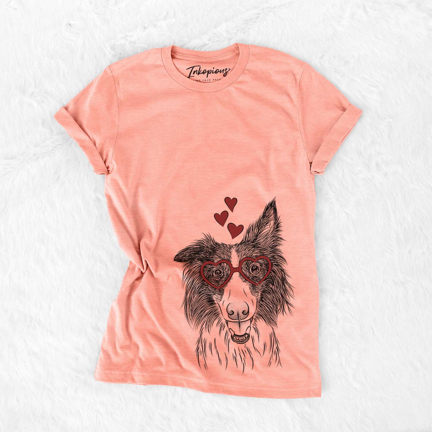 Hand-drawn sketch of Archie the Silken Windhound wearing heart-shaped glasses on a Sunset Bella Canvas Unisex Crewneck