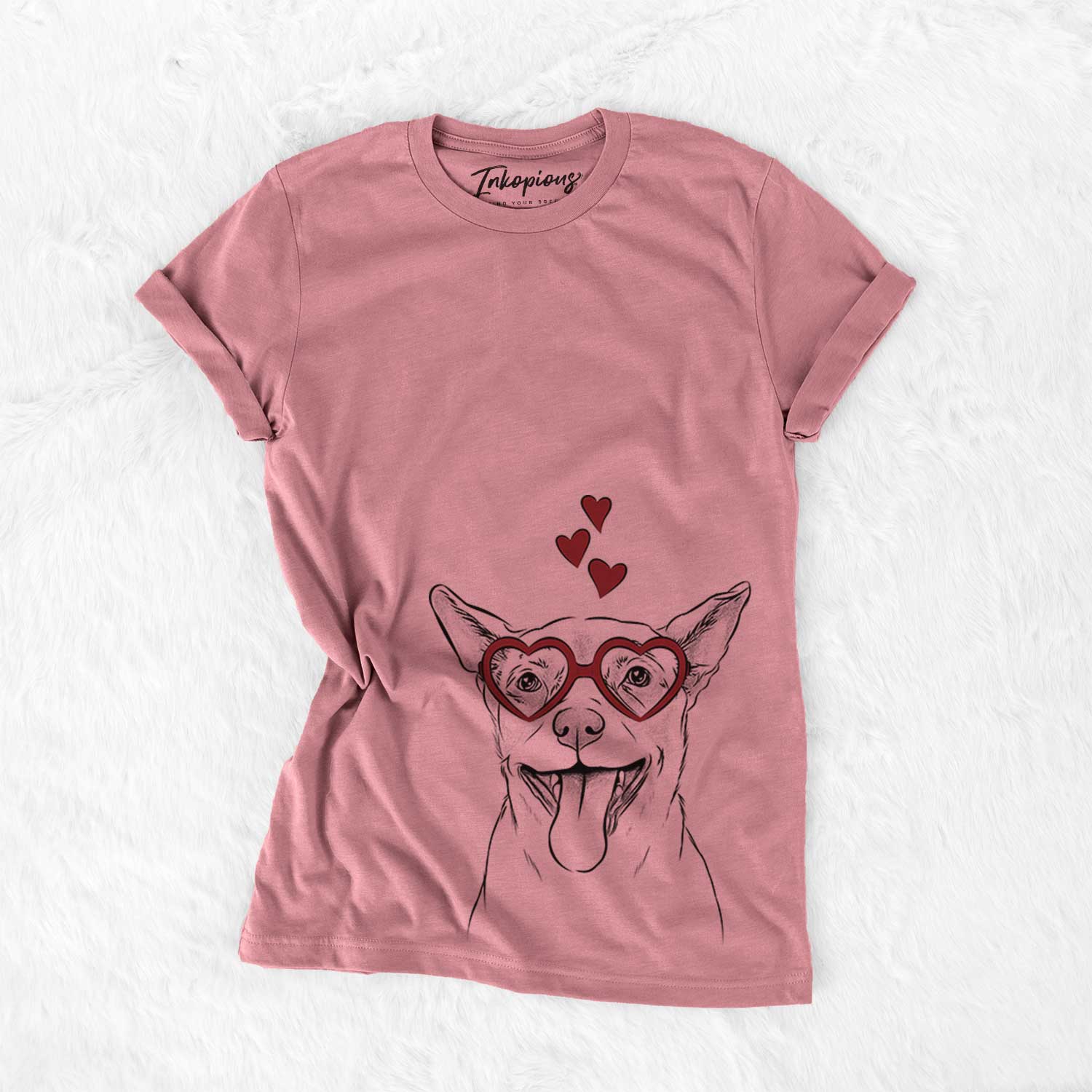 Hand-drawn sketch of Archie the Chihuahua Mix wearing heart-shaped glasses on a Mauve Bella Canvas Unisex Crewneck