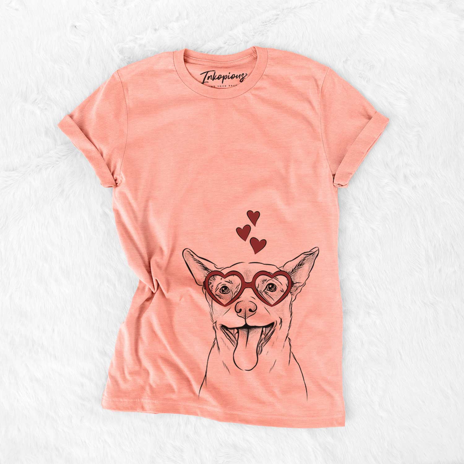 Hand-drawn sketch of Archie the Chihuahua Mix wearing heart-shaped glasses on a Sunset Bella Canvas Unisex Crewneck