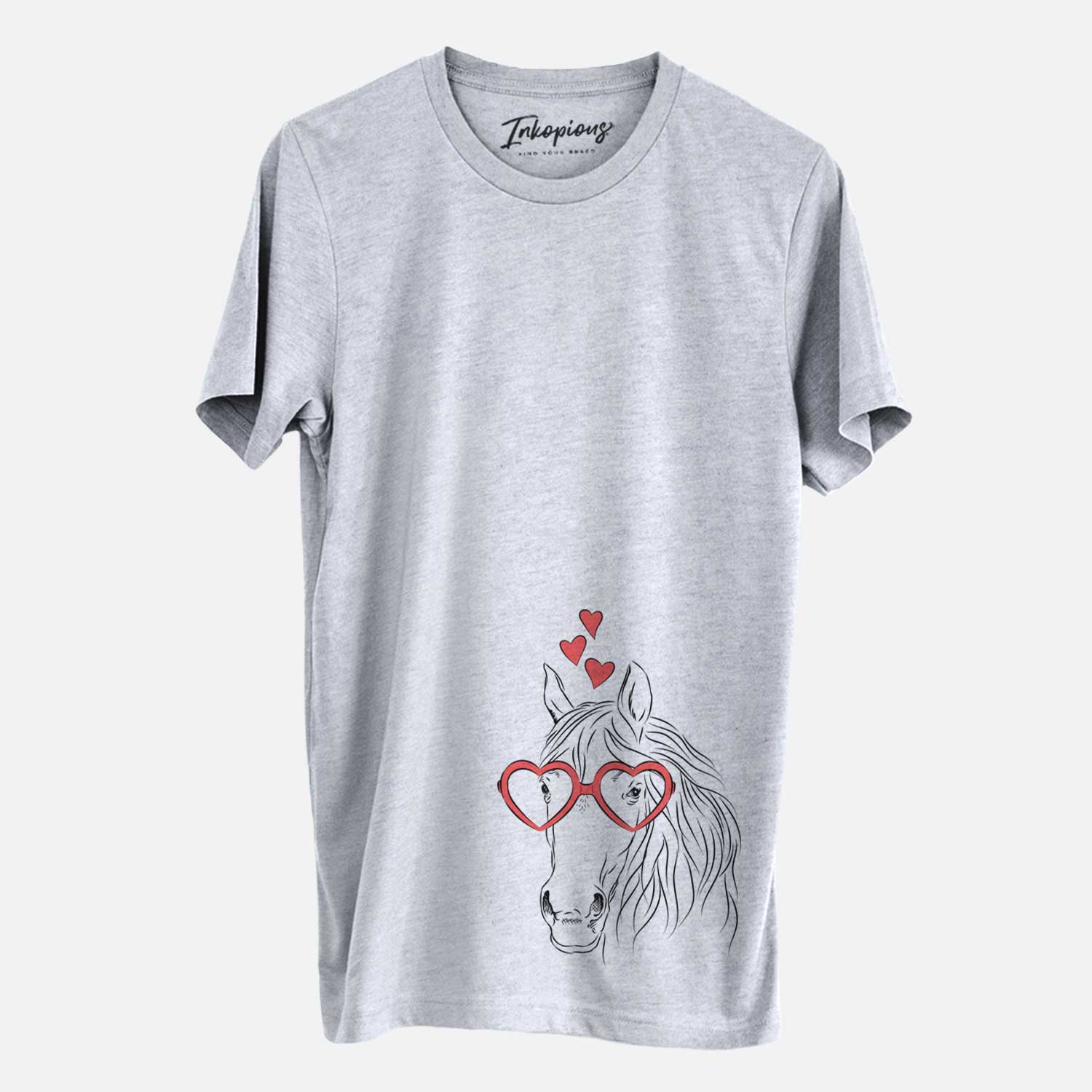 Hand-drawn sketch of Aria the Horse wearing heart-shaped glasses on a Grey Unisex crewneck