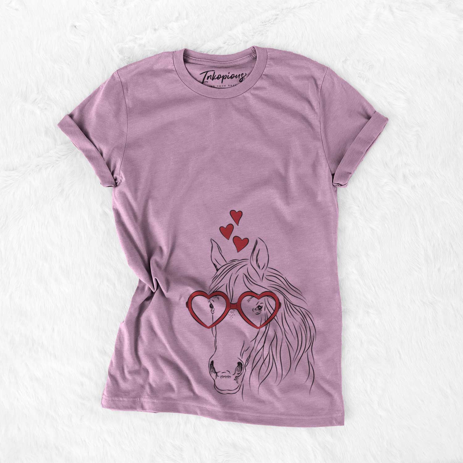 Hand-drawn sketch of Aria the Horse wearing heart-shaped glasses on an Orchid Bella Canvas Unisex Crewneck