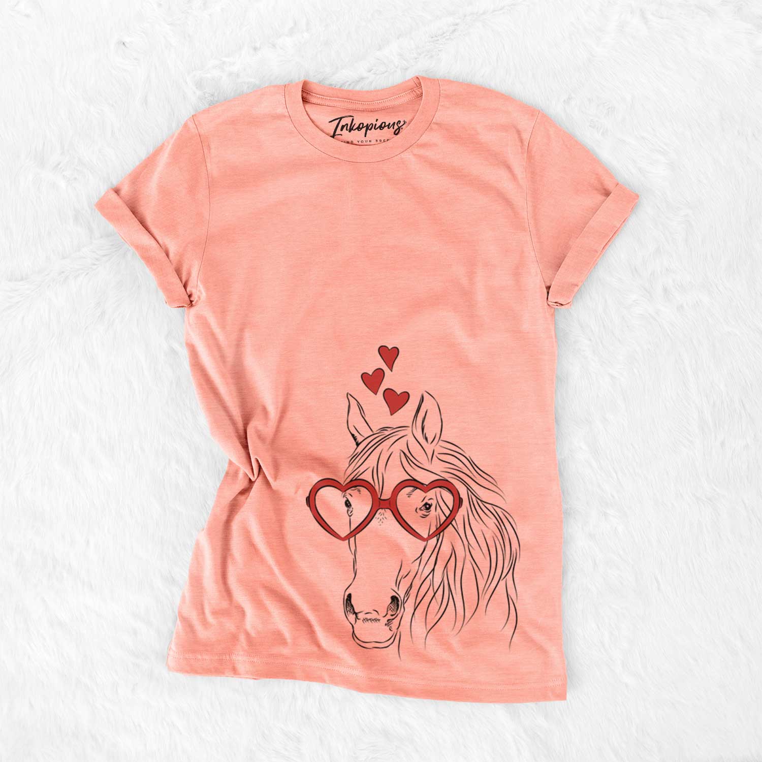 Hand-drawn sketch of Aria the Horse wearing heart-shaped glasses on a Sunset Bella Canvas Unisex Crewneck