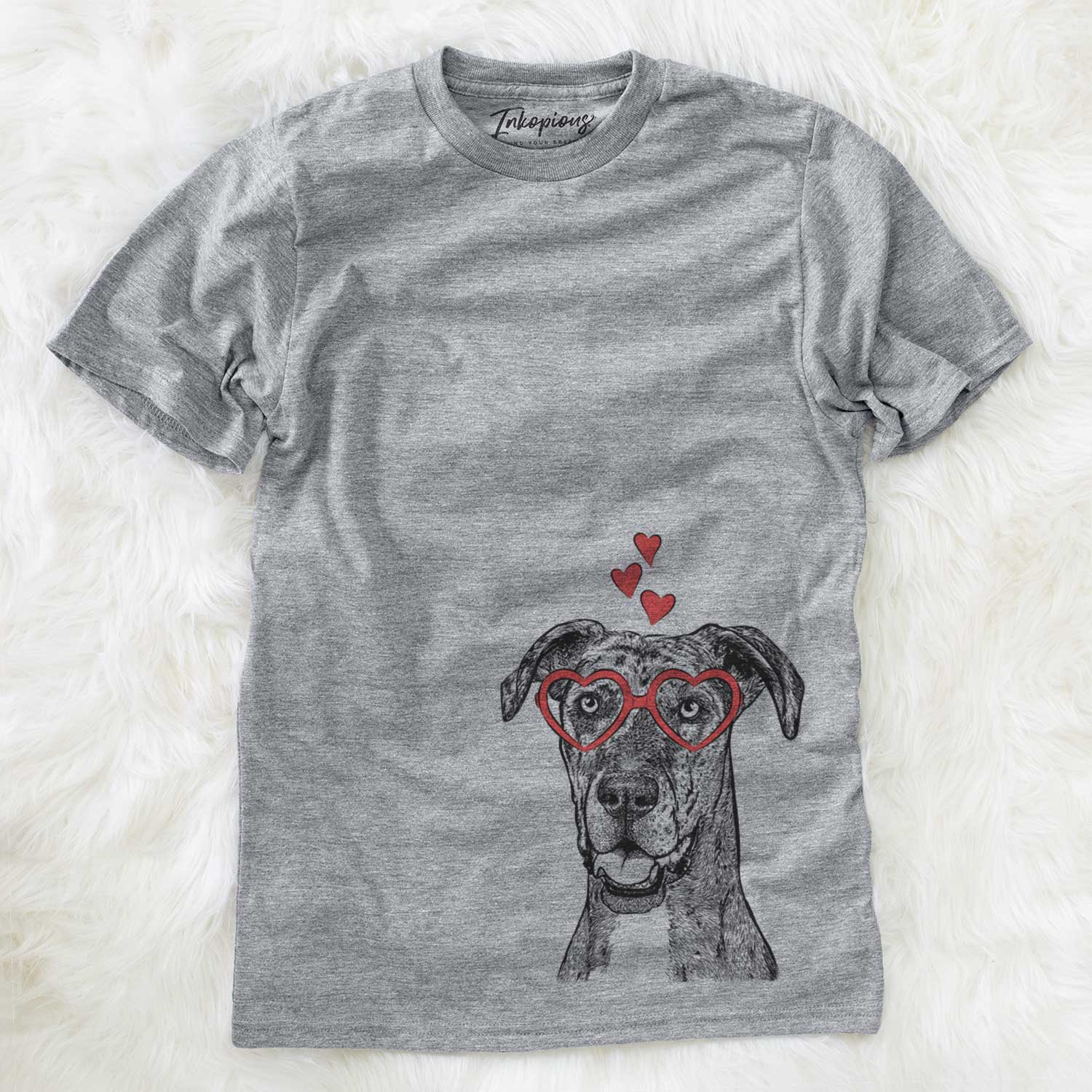 Hand-drawn sketch of Athena the Merle Great Dane wearing heart-shaped glasses on a Grey Unisex crewneck