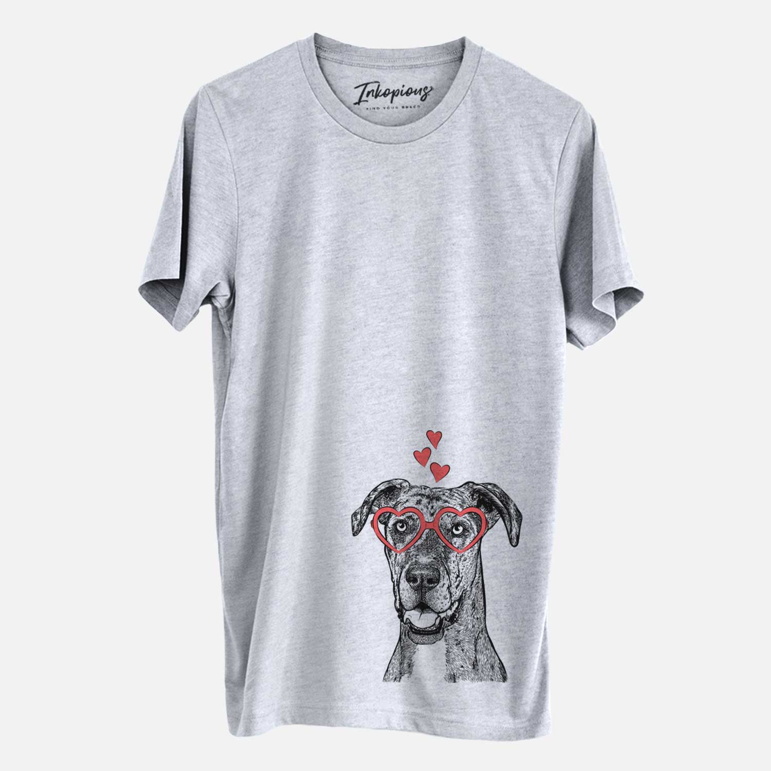 Hand-drawn sketch of Athena the Merle Great Dane wearing heart-shaped glasses on a Grey Unisex crewneck