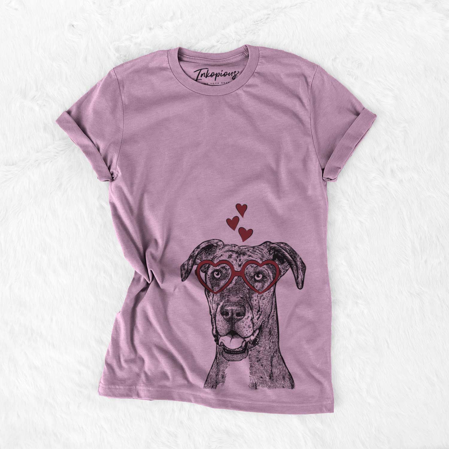 Hand-drawn sketch of Athena the Merle Great Dane wearing heart-shaped glasses on an Orchid Bella Canvas Unisex Crewneck
