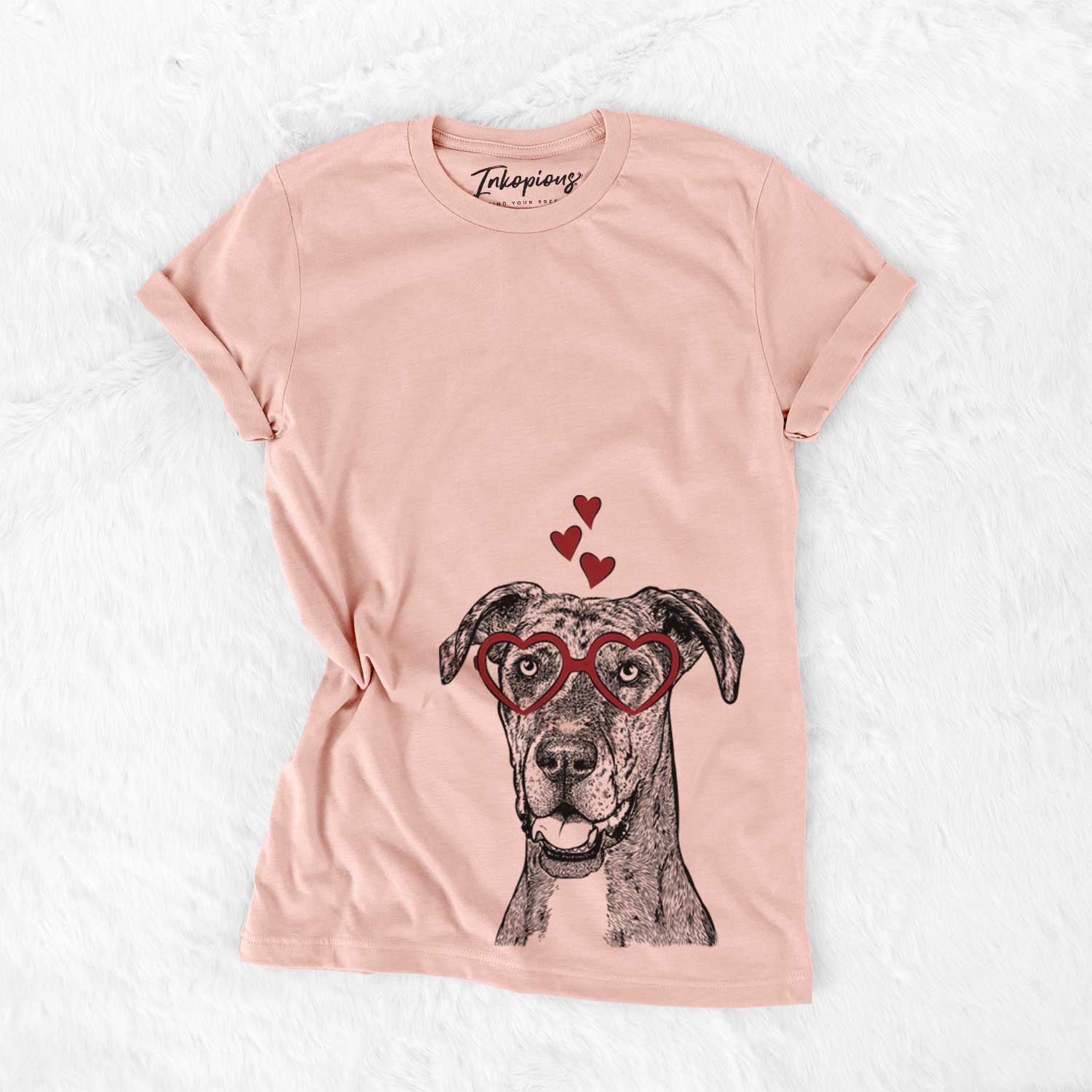 Hand-drawn sketch of Athena the Merle Great Dane wearing heart-shaped glasses on a Peach Bella Canvas Unisex Crewneck