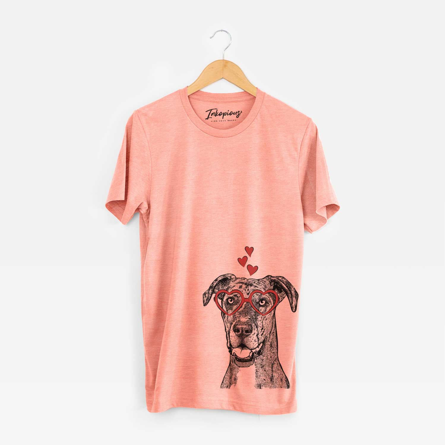 Hand-drawn sketch of Athena the Merle Great Dane wearing heart-shaped glasses on a Sunset Unisex crewneck