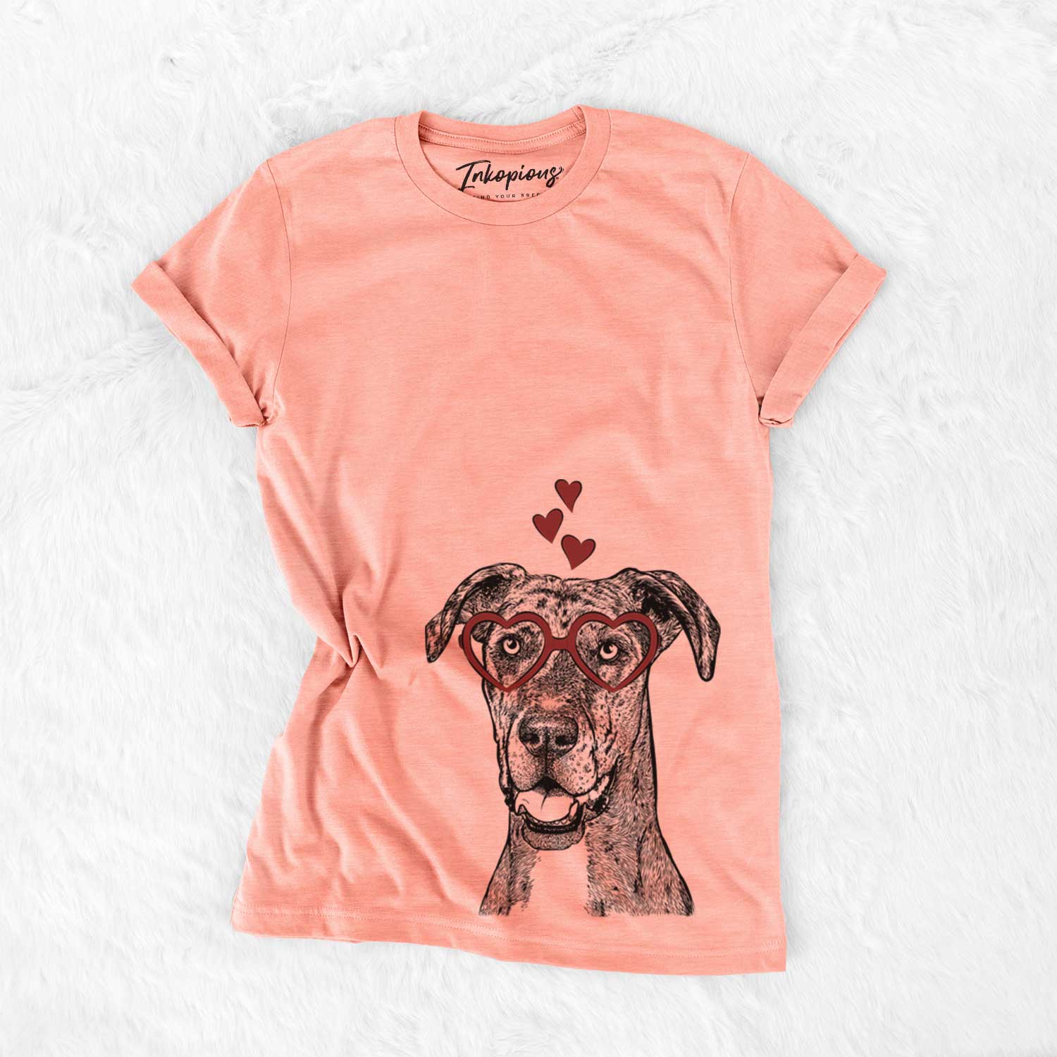 Hand-drawn sketch of Athena the Merle Great Dane wearing heart-shaped glasses on a Sunset Bella Canvas Unisex Crewneck