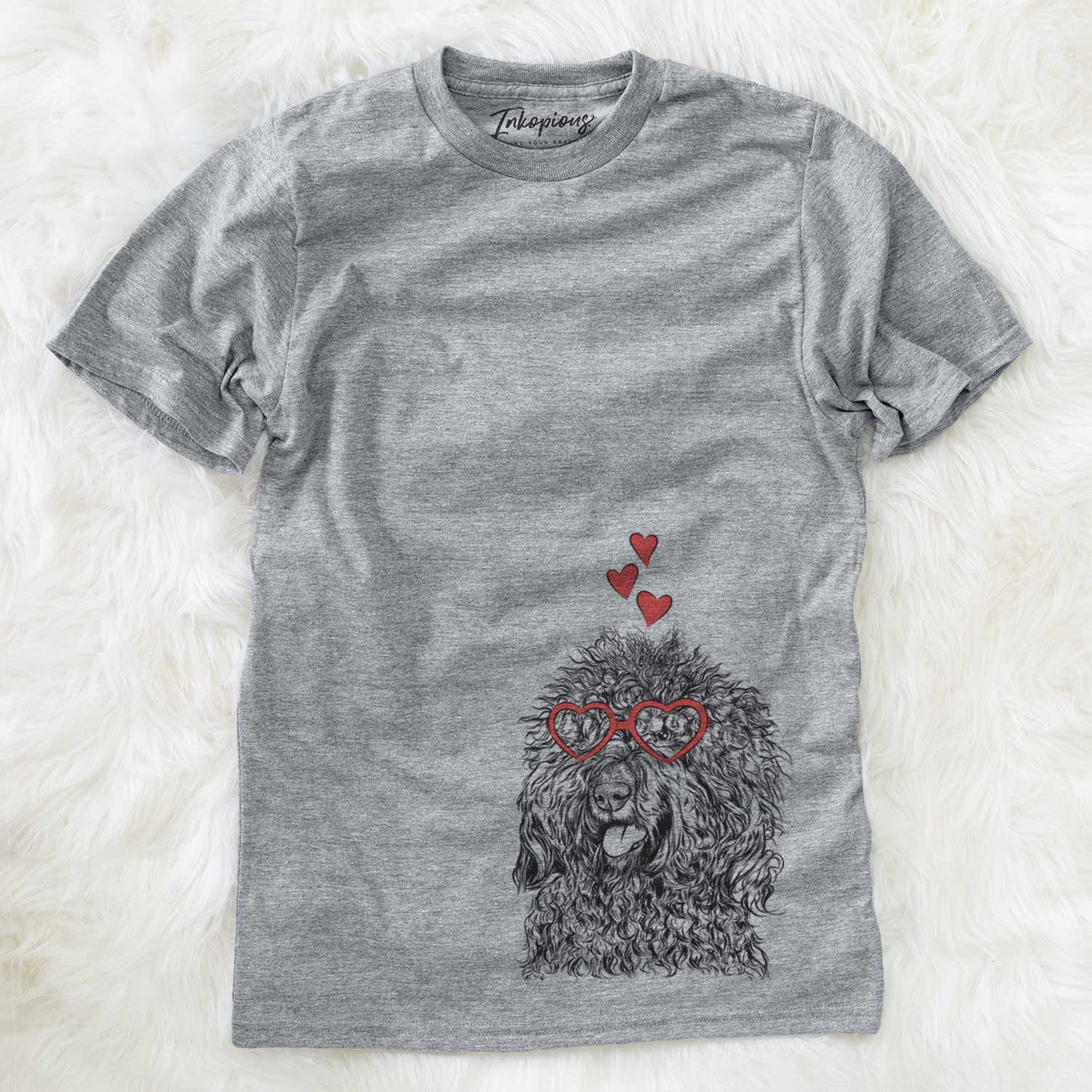 Hand-drawn sketch of Babs the Barbet wearing heart-shaped glasses on a Grey Unisex crewneck