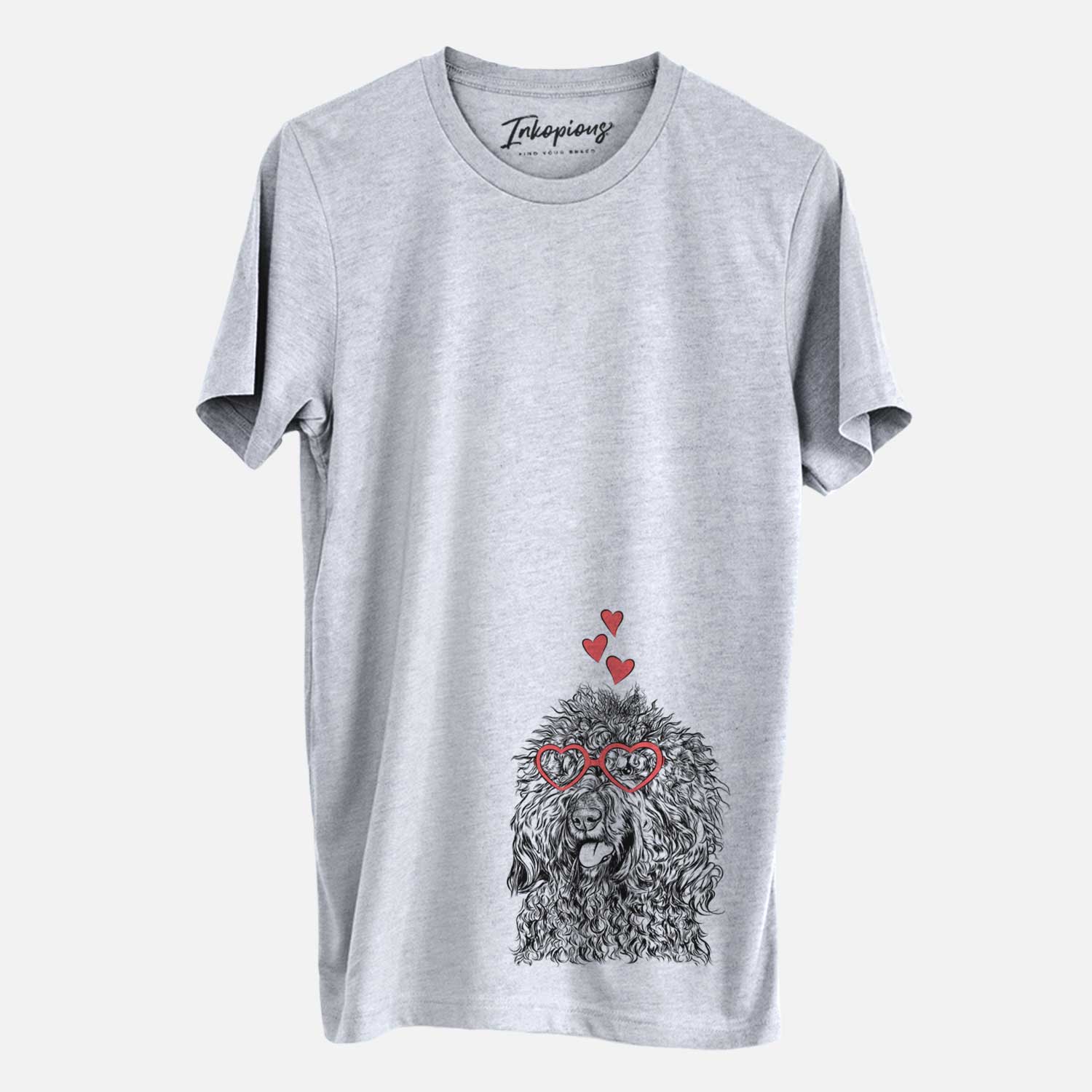 Hand-drawn sketch of Babs the Barbet wearing heart-shaped glasses on a Grey Unisex crewneck