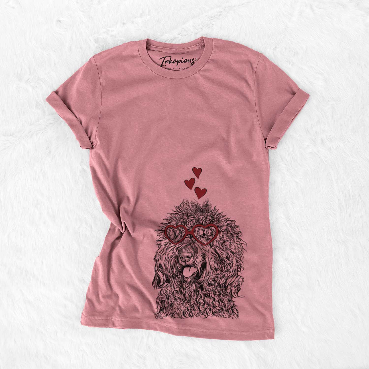 Hand-drawn sketch of Babs the Barbet wearing heart-shaped glasses on a Mauve Bella Canvas Unisex Crewneck