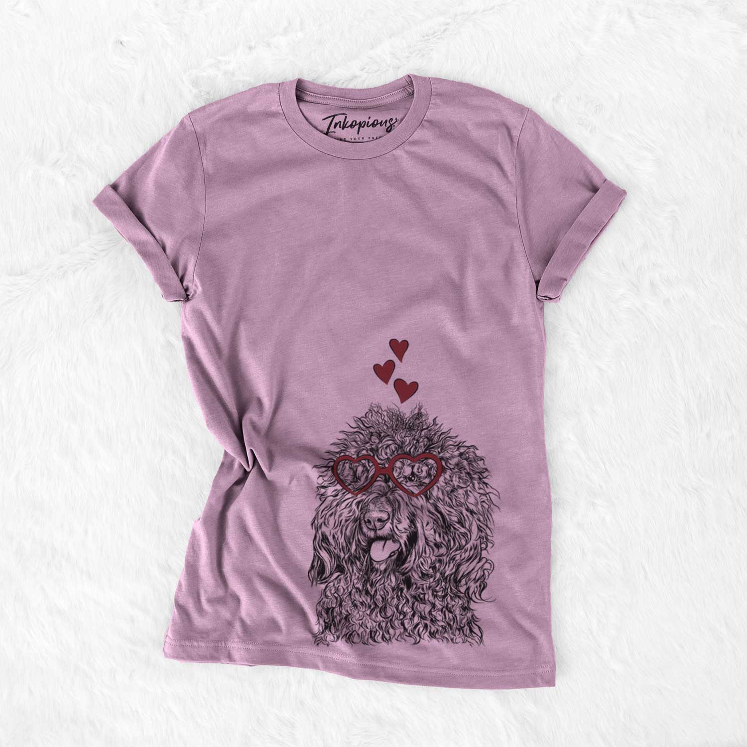 Hand-drawn sketch of Babs the Barbet wearing heart-shaped glasses on an Orchid Bella Canvas Unisex Crewneck