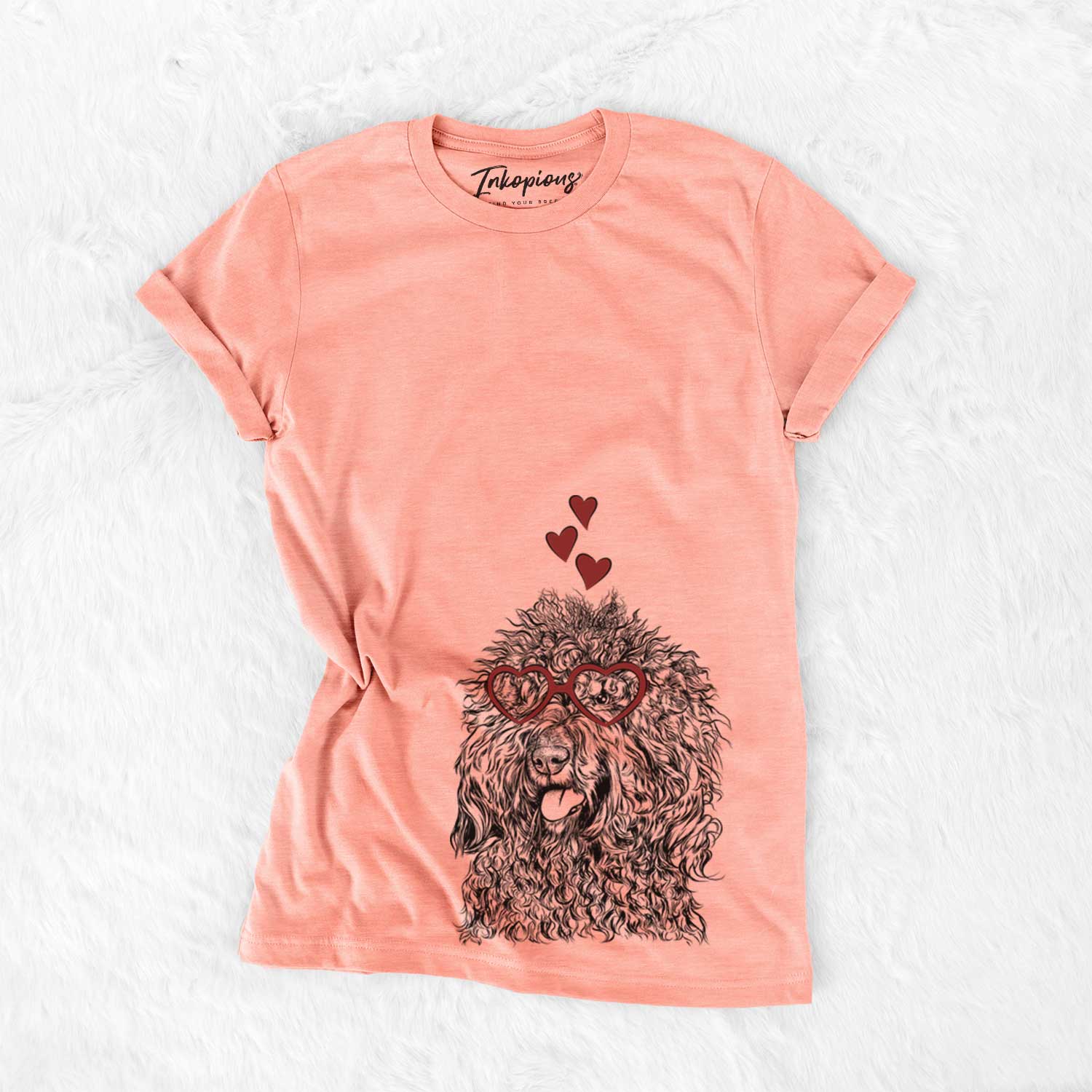 Hand-drawn sketch of Babs the Barbet wearing heart-shaped glasses on a Sunset Bella Canvas Unisex Crewneck