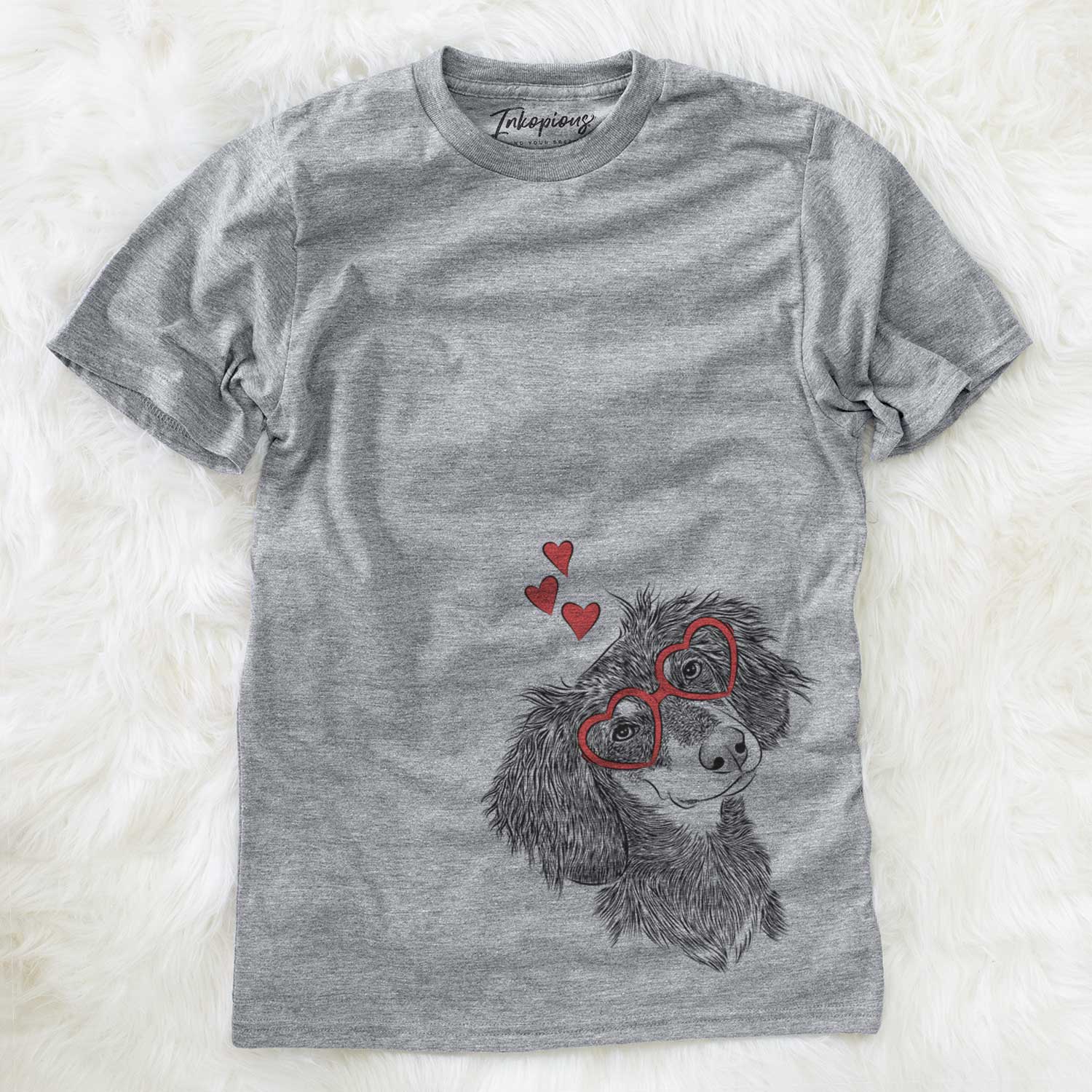 Hand-drawn sketch of Bailey the Long Haired Dachshund wearing heart-shaped glasses on a Grey Unisex crewneck