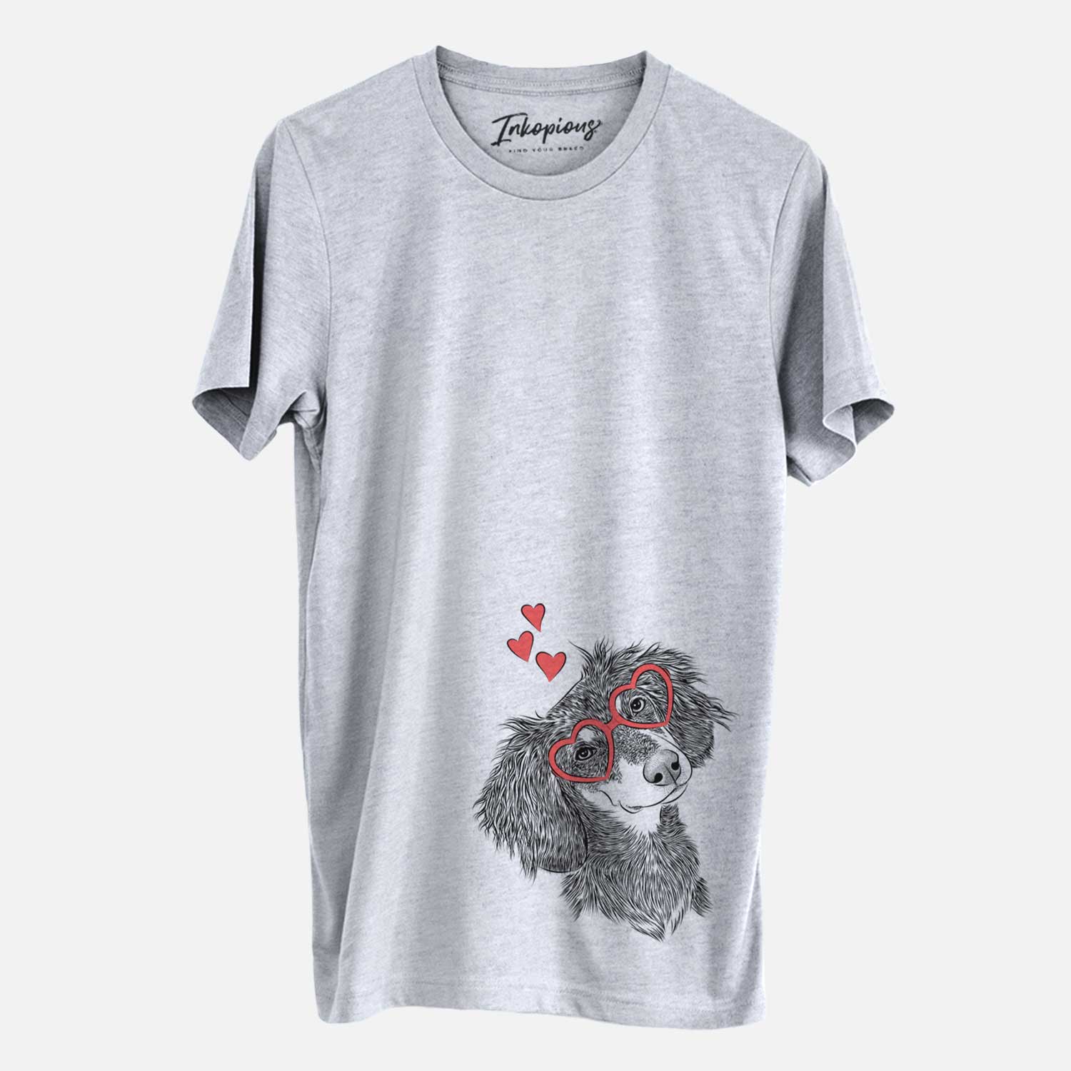Hand-drawn sketch of Bailey the Long Haired Dachshund wearing heart-shaped glasses on a Grey Unisex crewneck