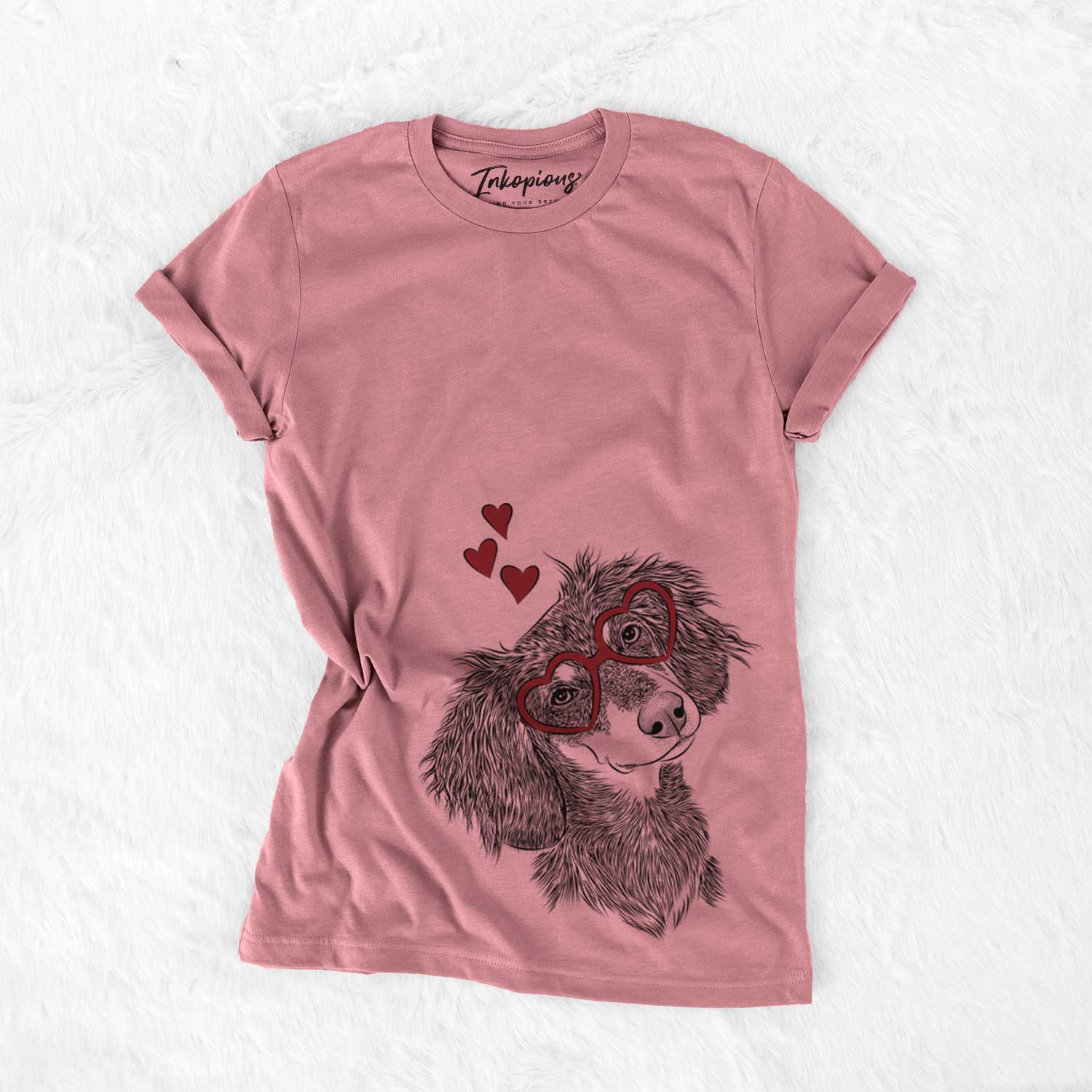 Hand-drawn sketch of Bailey the Long Haired Dachshund wearing heart-shaped glasses on a Mauve Bella Canvas Unisex Crewneck