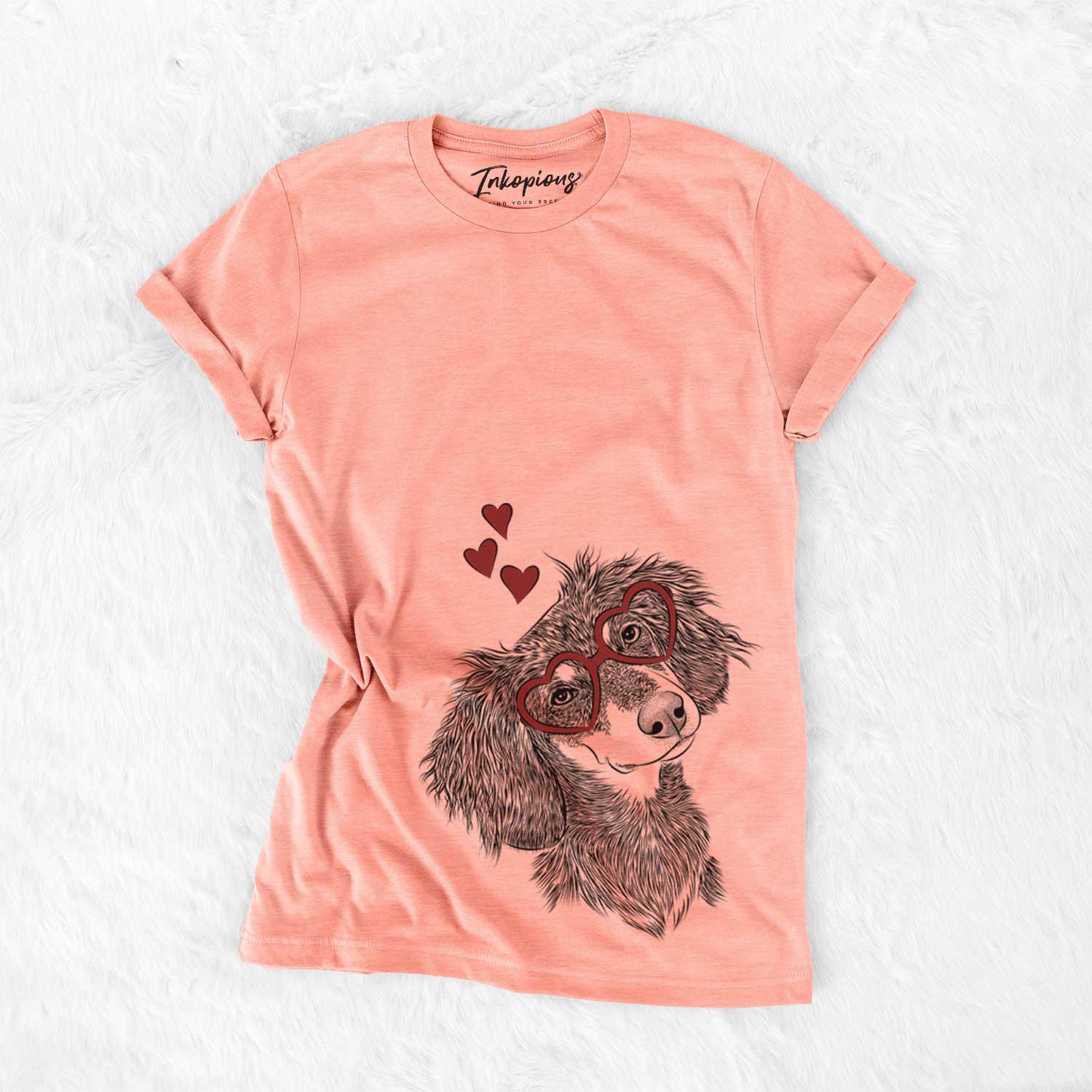 Hand-drawn sketch of Bailey the Long Haired Dachshund wearing heart-shaped glasses on a Sunset Bella Canvas Unisex Crewneck