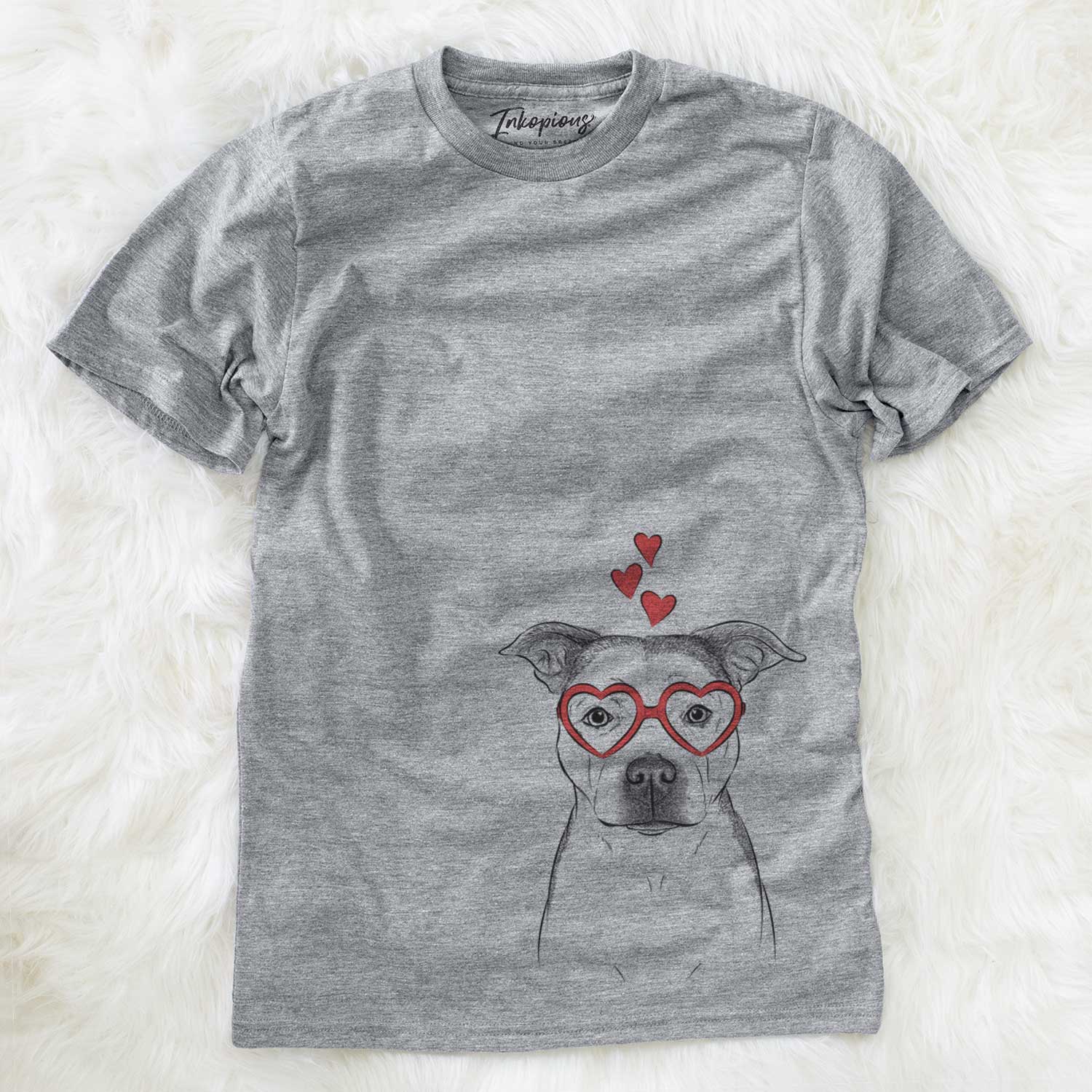 Hand-drawn sketch of Bailey the Pitbull wearing heart-shaped glasses on a Grey Unisex crewneck