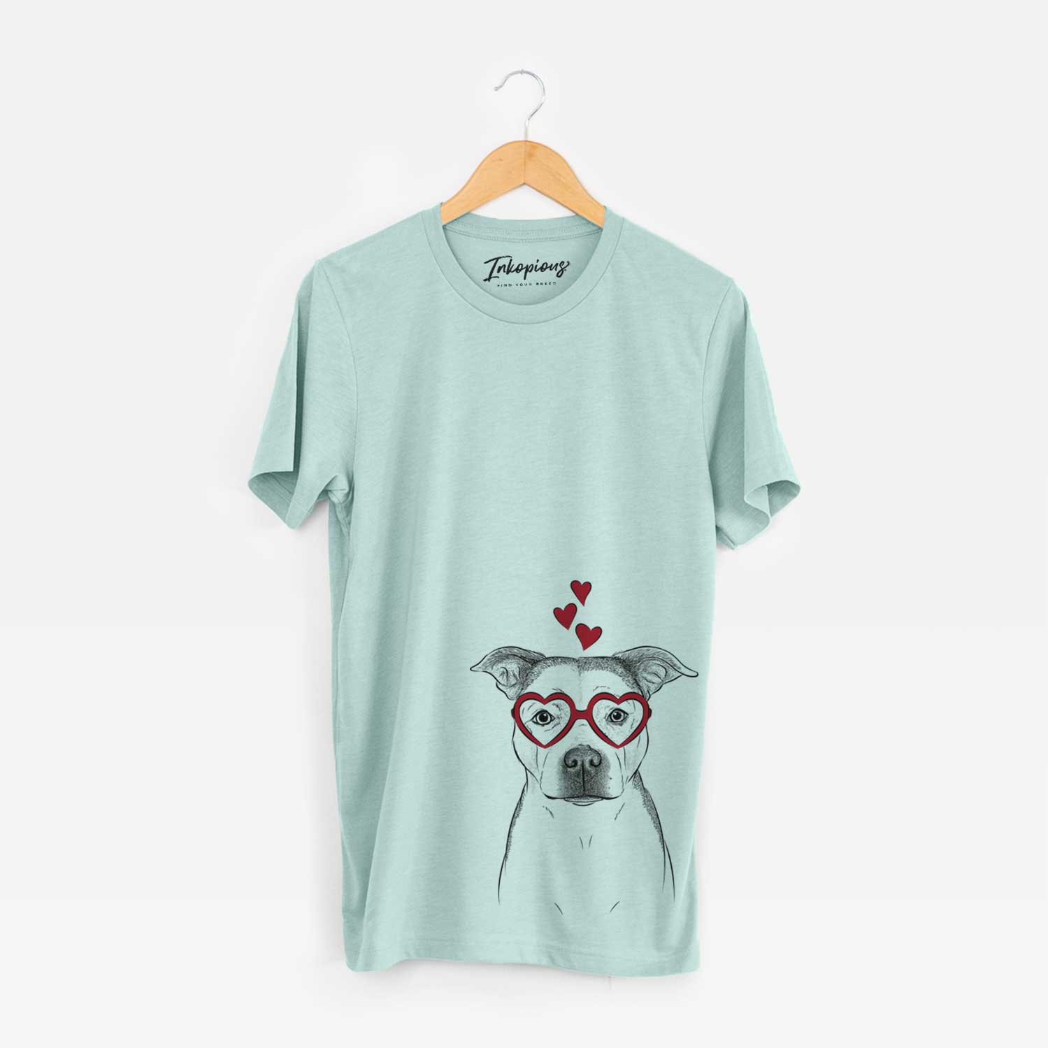 Hand-drawn sketch of Bailey the Pitbull wearing heart-shaped glasses on a Heather Sage Bella Canvas Unisex Crewneck