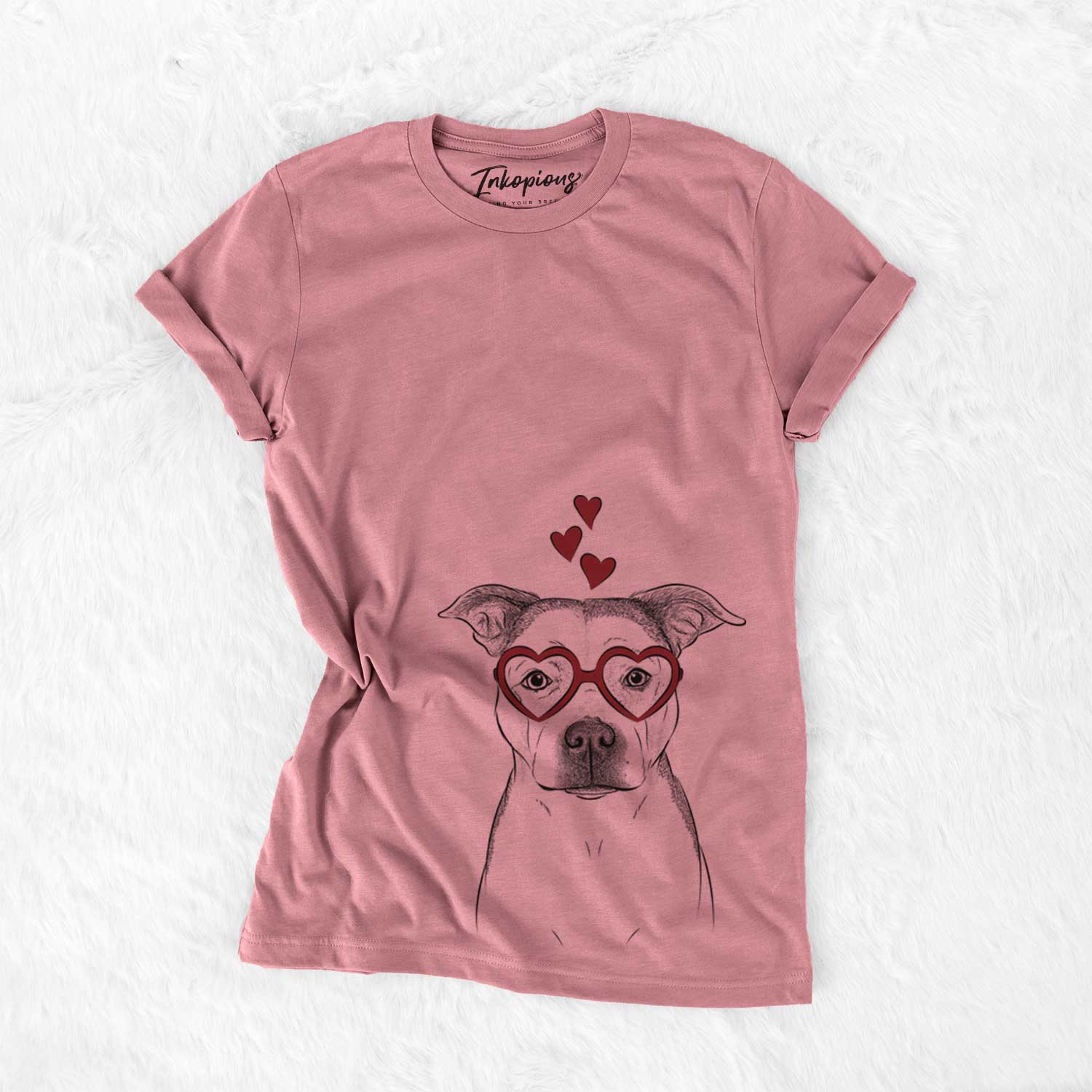Hand-drawn sketch of Bailey the Pitbull wearing heart-shaped glasses on a Mauve Bella Canvas Unisex Crewneck