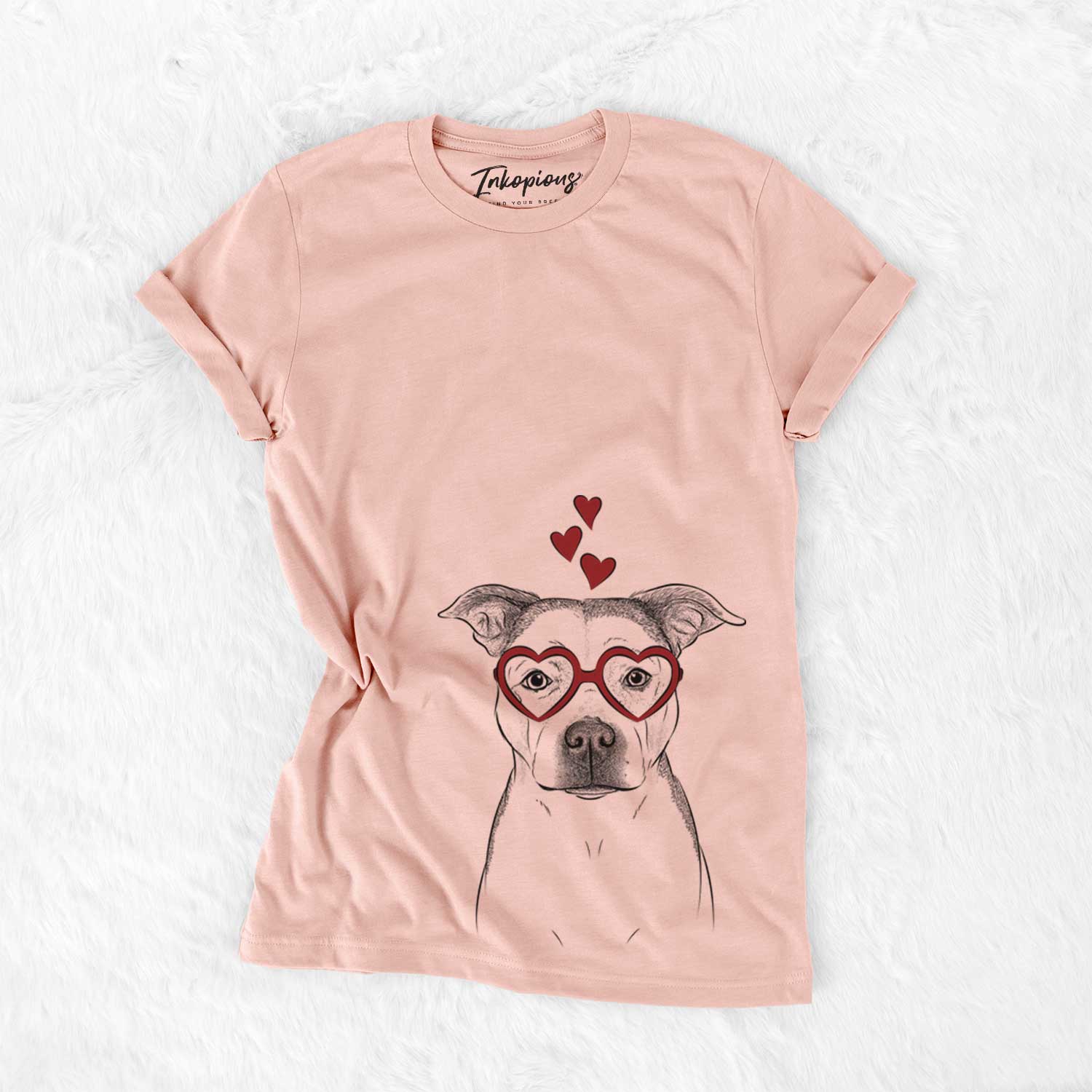 Hand-drawn sketch of Bailey the Pitbull wearing heart-shaped glasses on a Peach Bella Canvas Unisex Crewneck