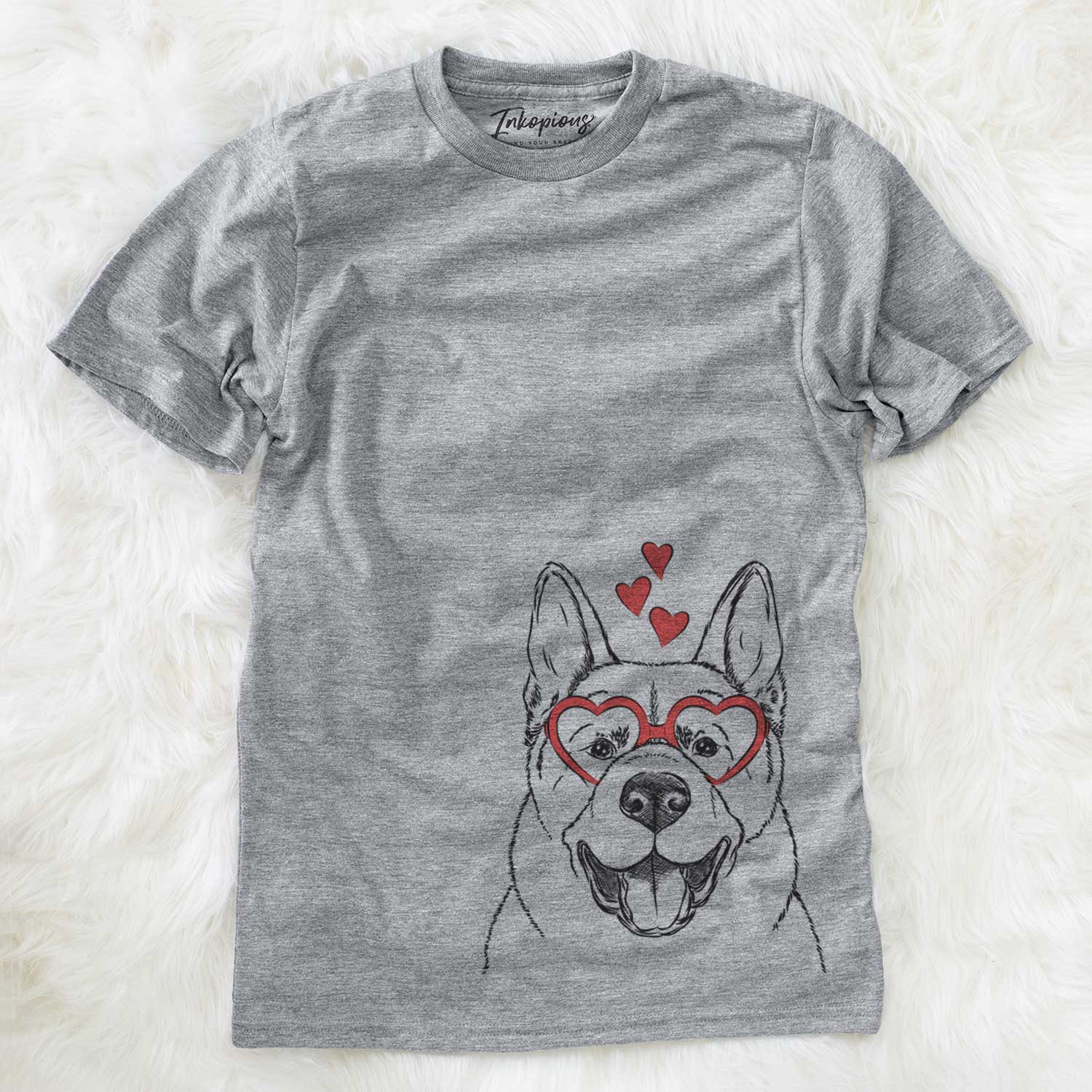 Hand-drawn sketch of Baku the Akita wearing heart-shaped glasses on a Grey Unisex crewneck