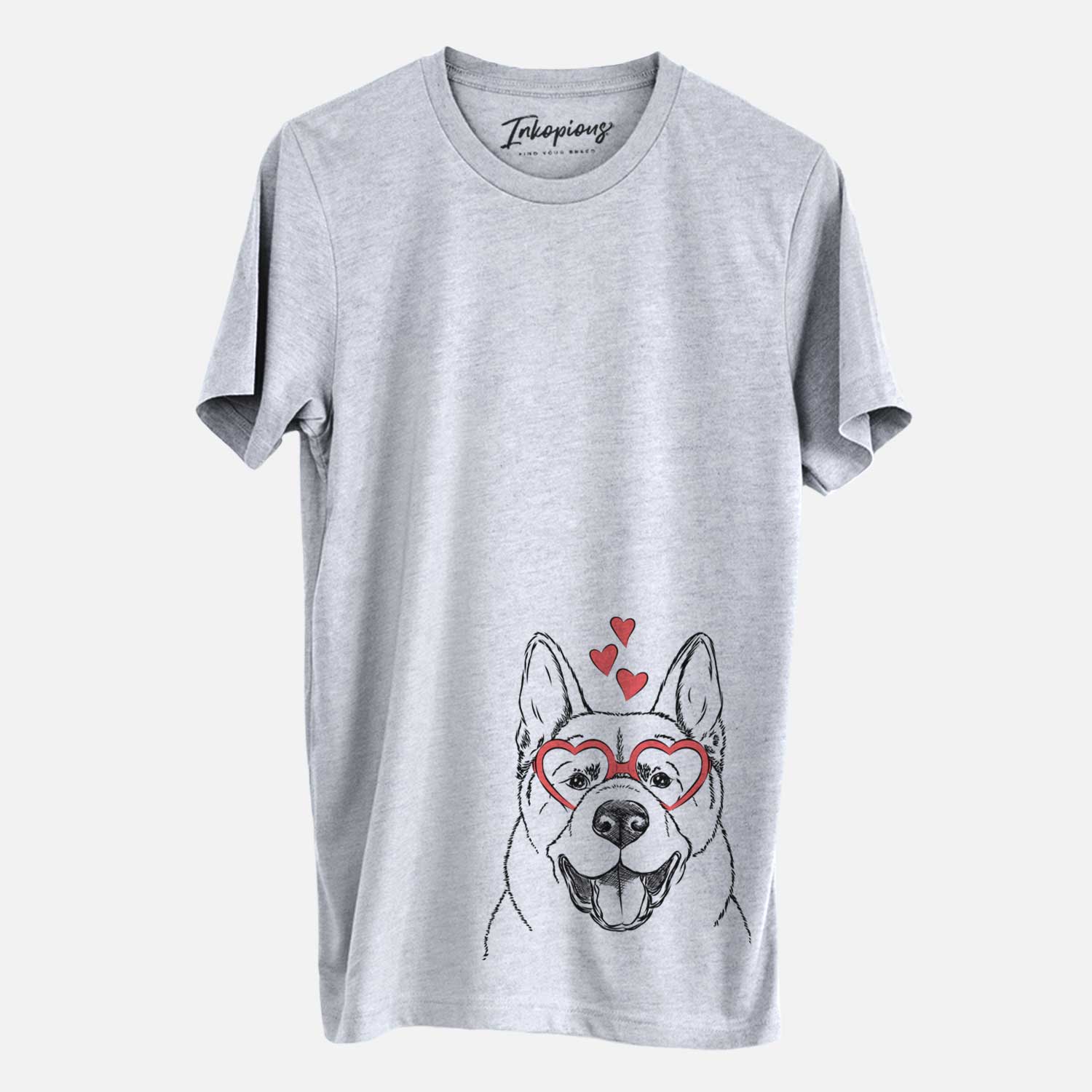 Hand-drawn sketch of Baku the Akita wearing heart-shaped glasses on a Grey Unisex crewneck
