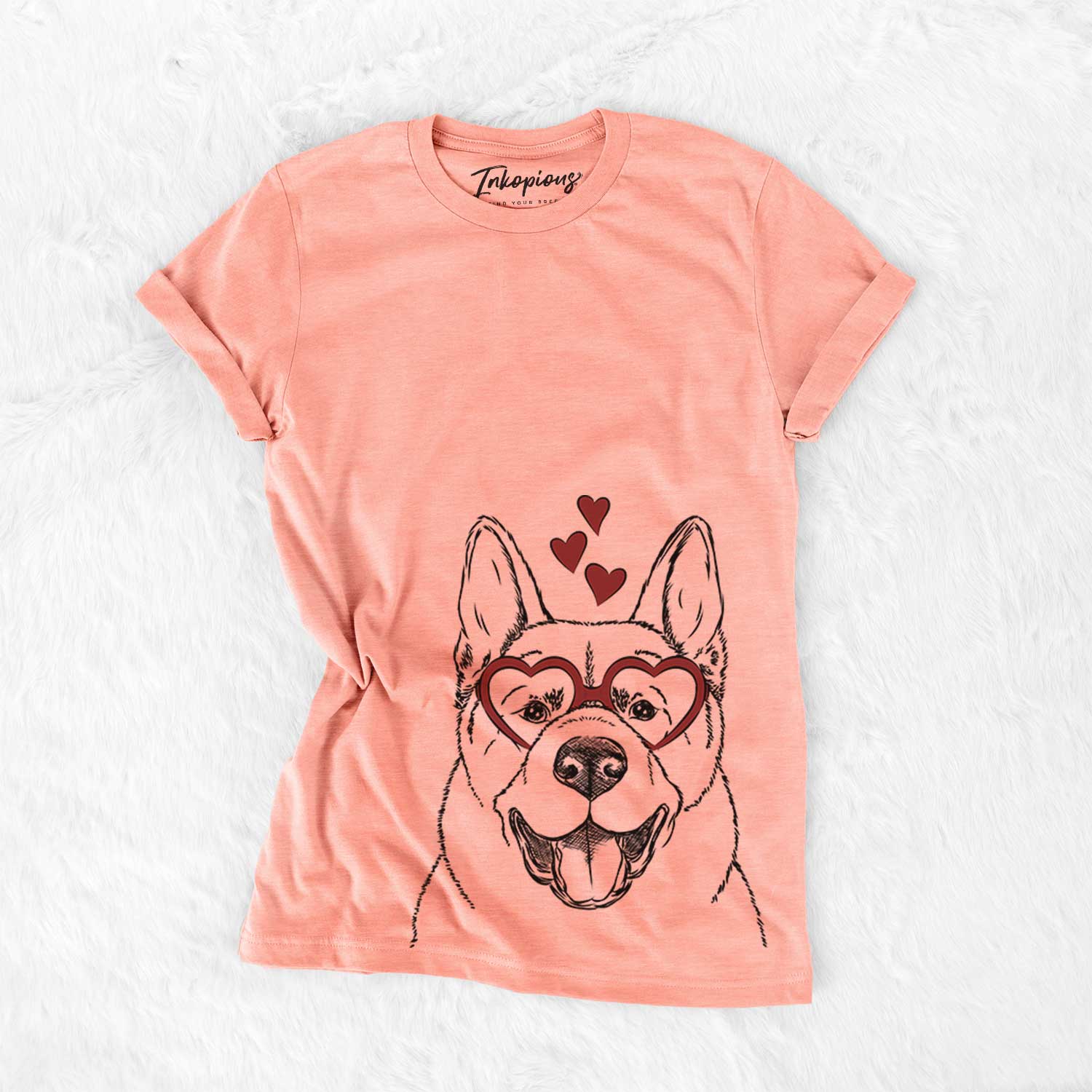 Hand-drawn sketch of Baku the Akita wearing heart-shaped glasses on a Sunset Bella Canvas Unisex Crewneck