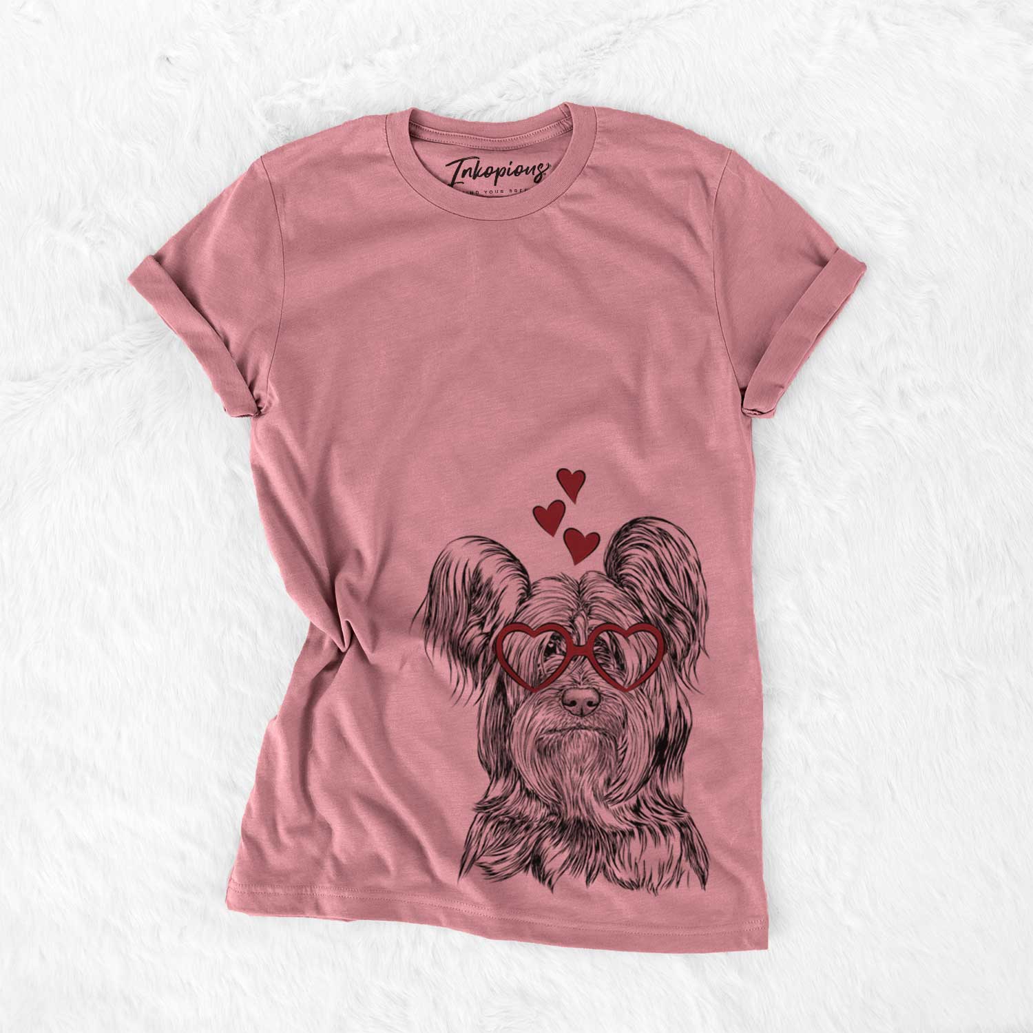 Hand-drawn sketch of Bandit the Skye Terrier wearing heart-shaped glasses on a Mauve Bella Canvas Unisex Crewneck