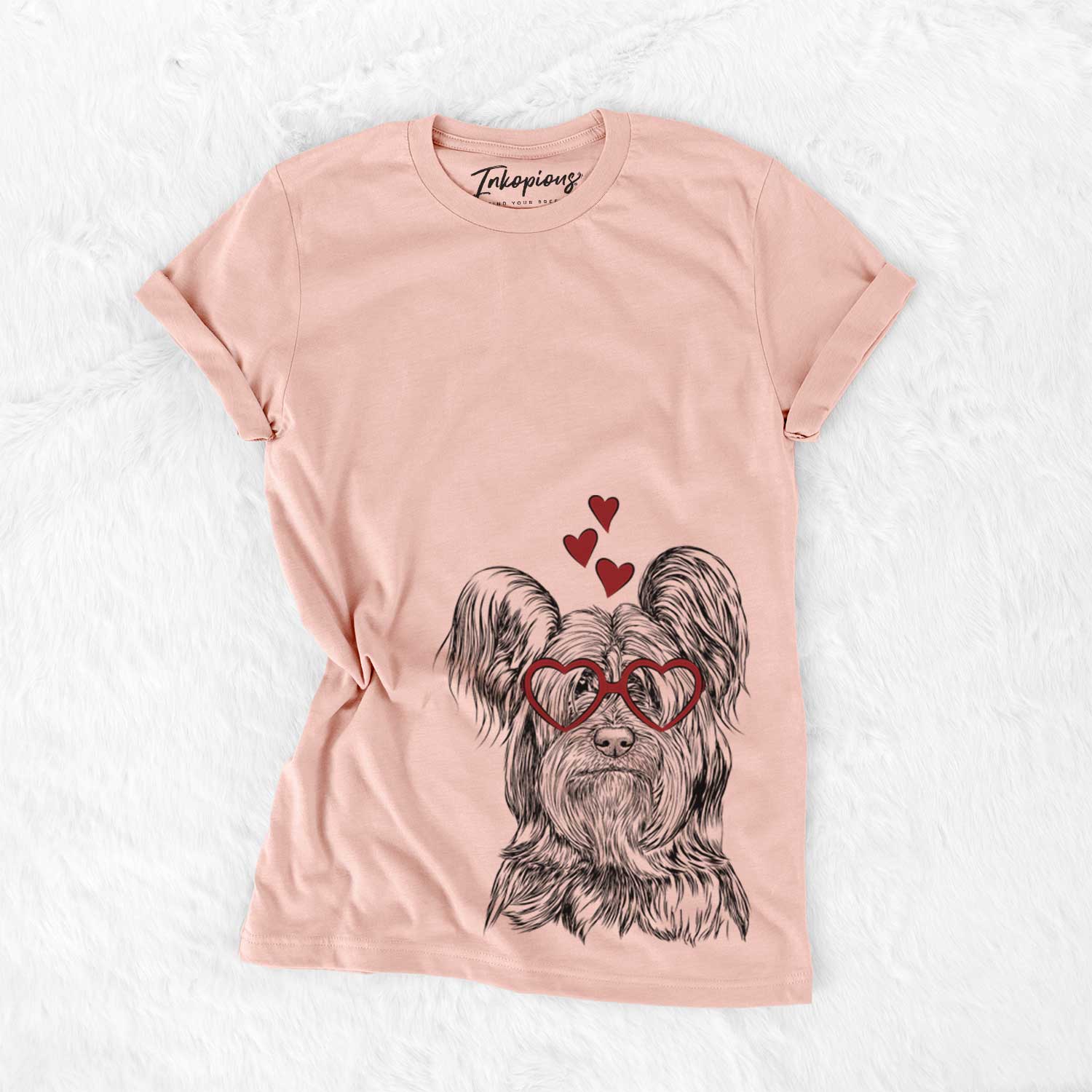 Hand-drawn sketch of Bandit the Skye Terrier wearing heart-shaped glasses on a Peach Bella Canvas Unisex Crewneck