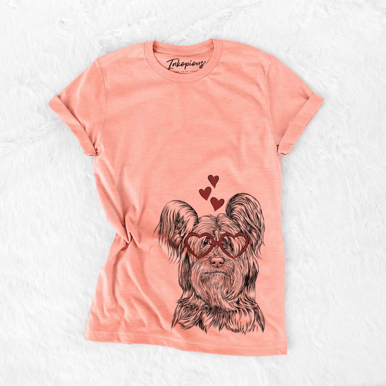 Hand-drawn sketch of Bandit the Skye Terrier wearing heart-shaped glasses on a Sunset Bella Canvas Unisex Crewneck