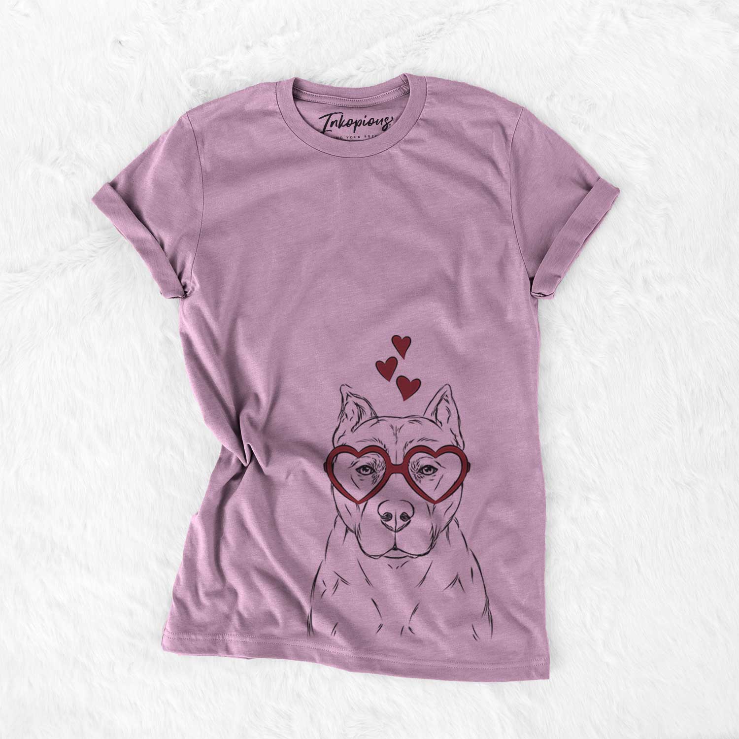 Hand-drawn sketch of Bane the Pitbull Mix wearing heart-shaped glasses on an Orchid Bella Canvas Unisex Crewneck