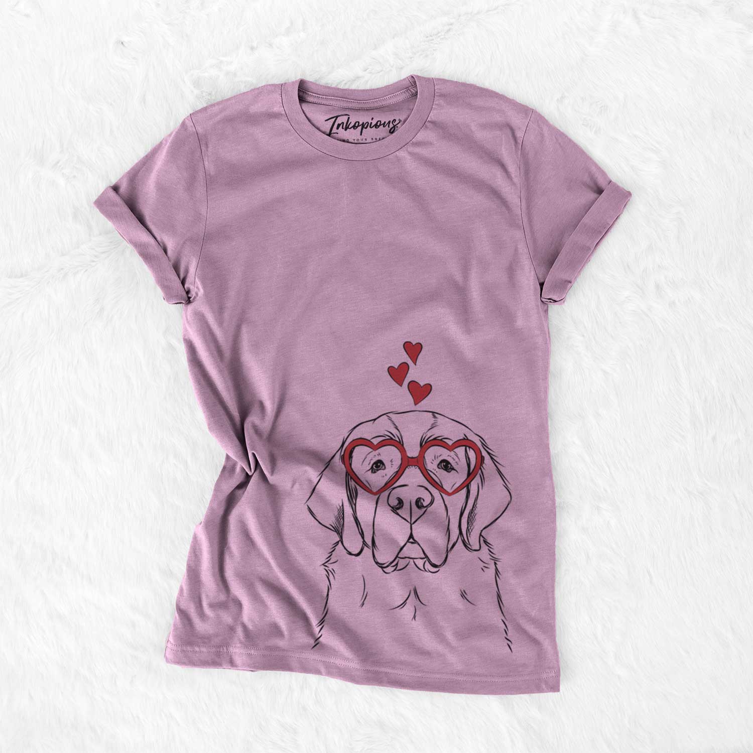 Hand-drawn sketch of Barry the Saint Bernard wearing heart-shaped glasses on an Orchid Bella Canvas Unisex Crewneck