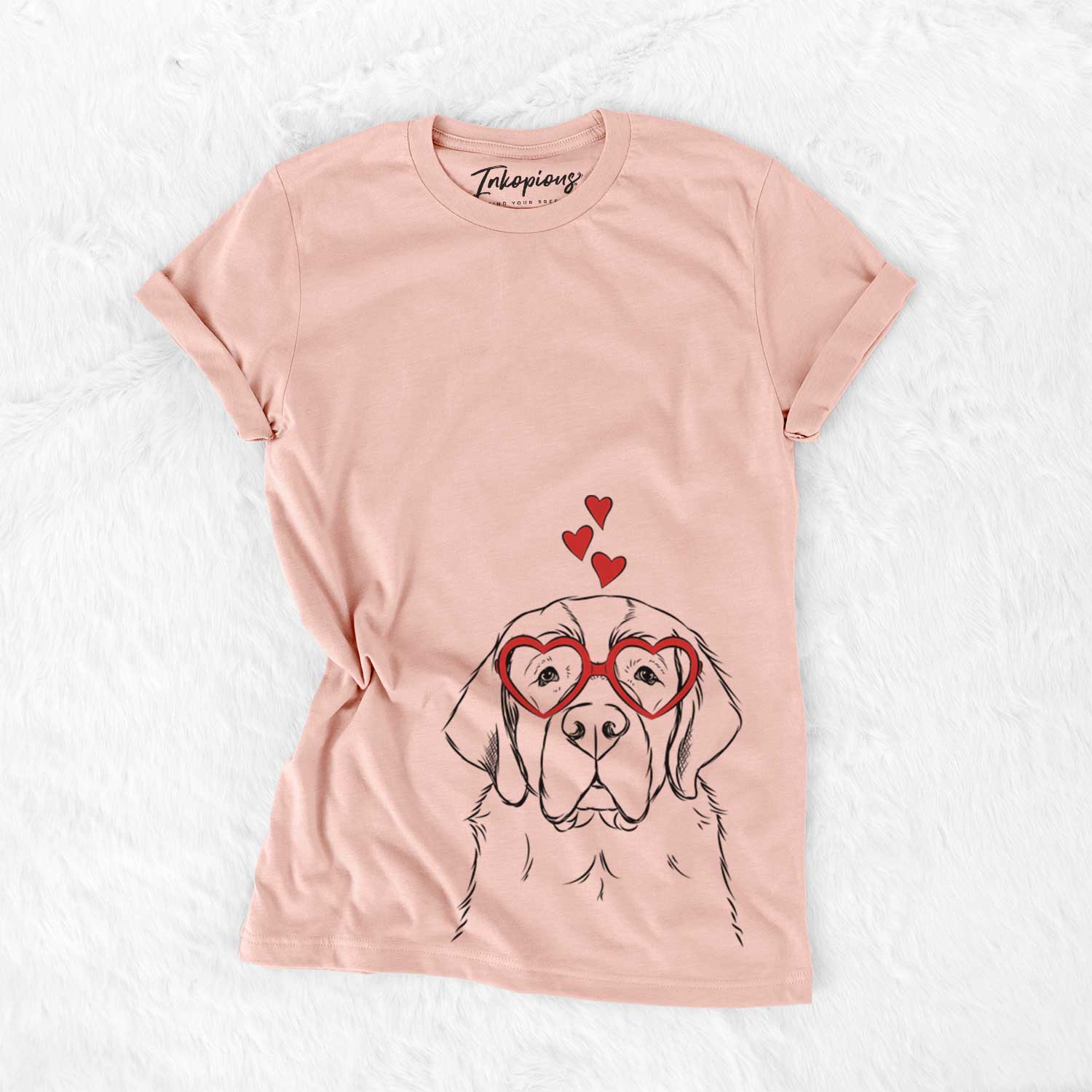 Hand-drawn sketch of Barry the Saint Bernard wearing heart-shaped glasses on a Peach Bella Canvas Unisex Crewneck