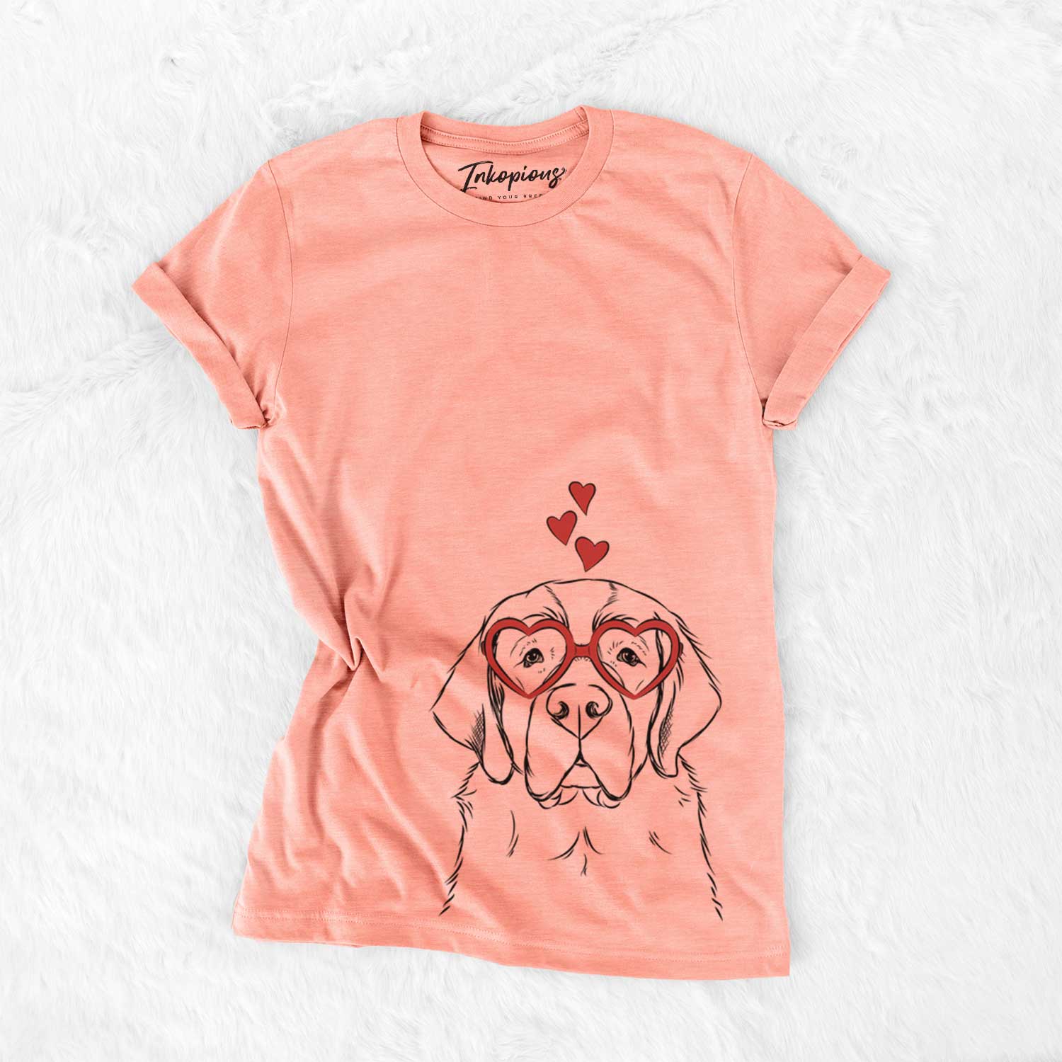 Hand-drawn sketch of Barry the Saint Bernard wearing heart-shaped glasses on a Sunset Bella Canvas Unisex Crewneck