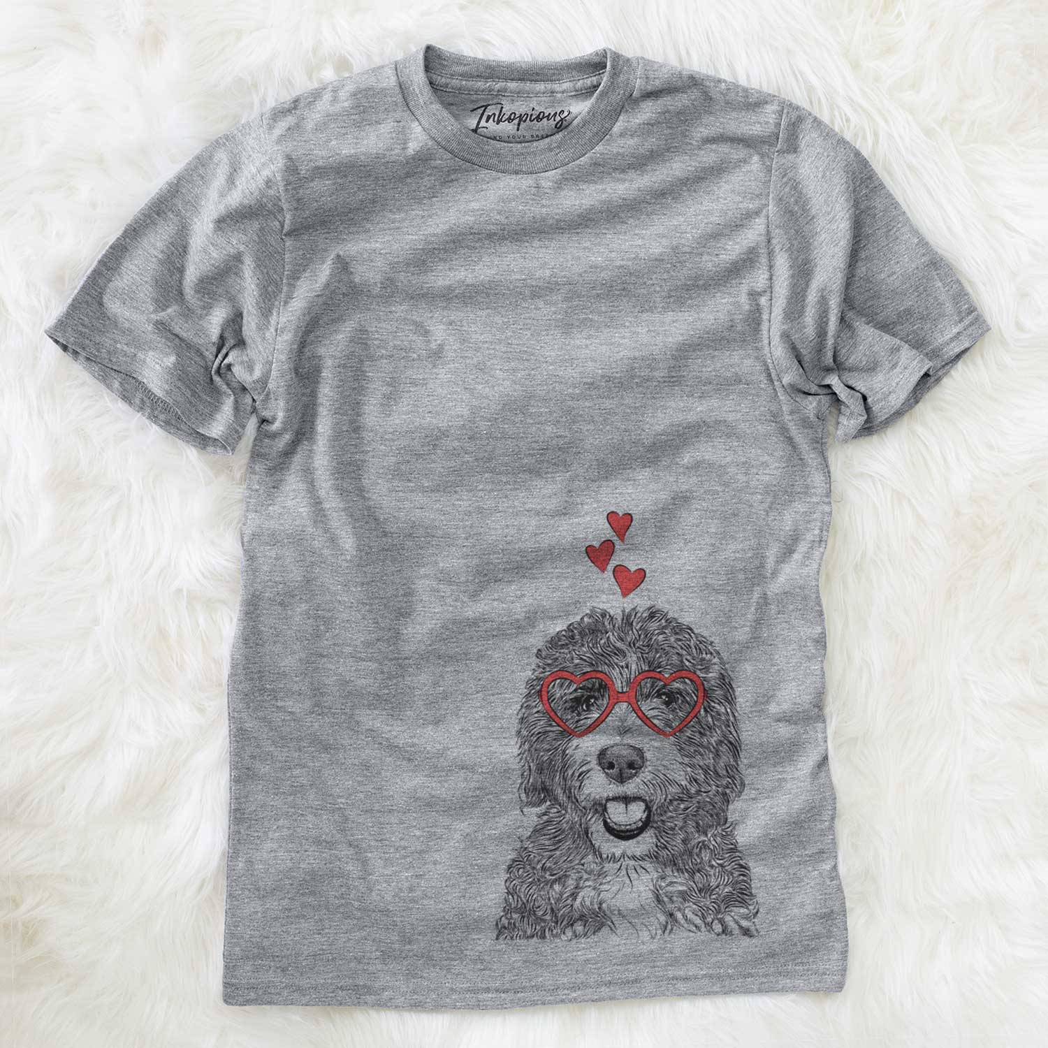 Hand-drawn sketch of Bash the Bernedoodle wearing heart-shaped glasses on a Grey Unisex crewneck