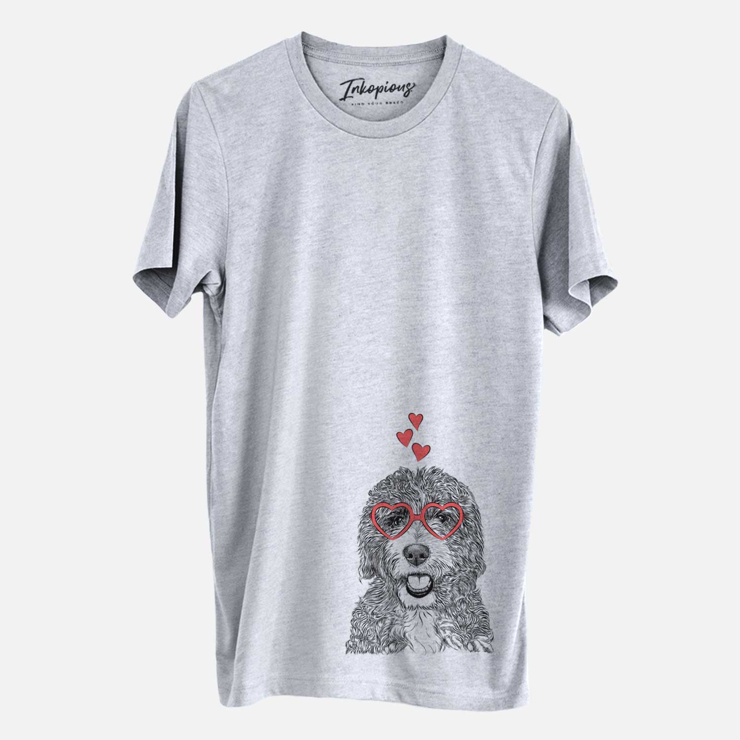Hand-drawn sketch of Bash the Bernedoodle wearing heart-shaped glasses on a Grey Unisex crewneck
