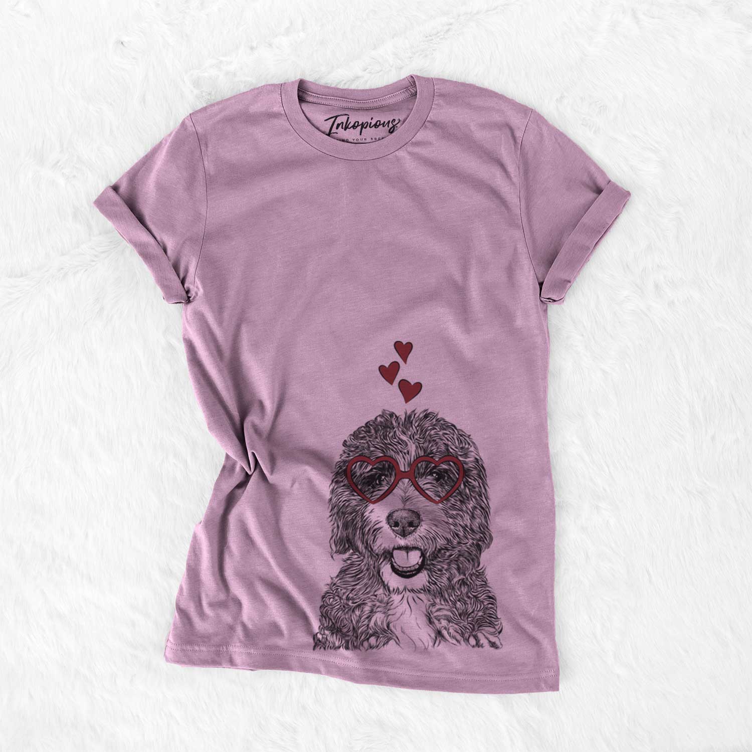Hand-drawn sketch of Bash the Bernedoodle wearing heart-shaped glasses on an Orchid Bella Canvas Unisex Crewneck
