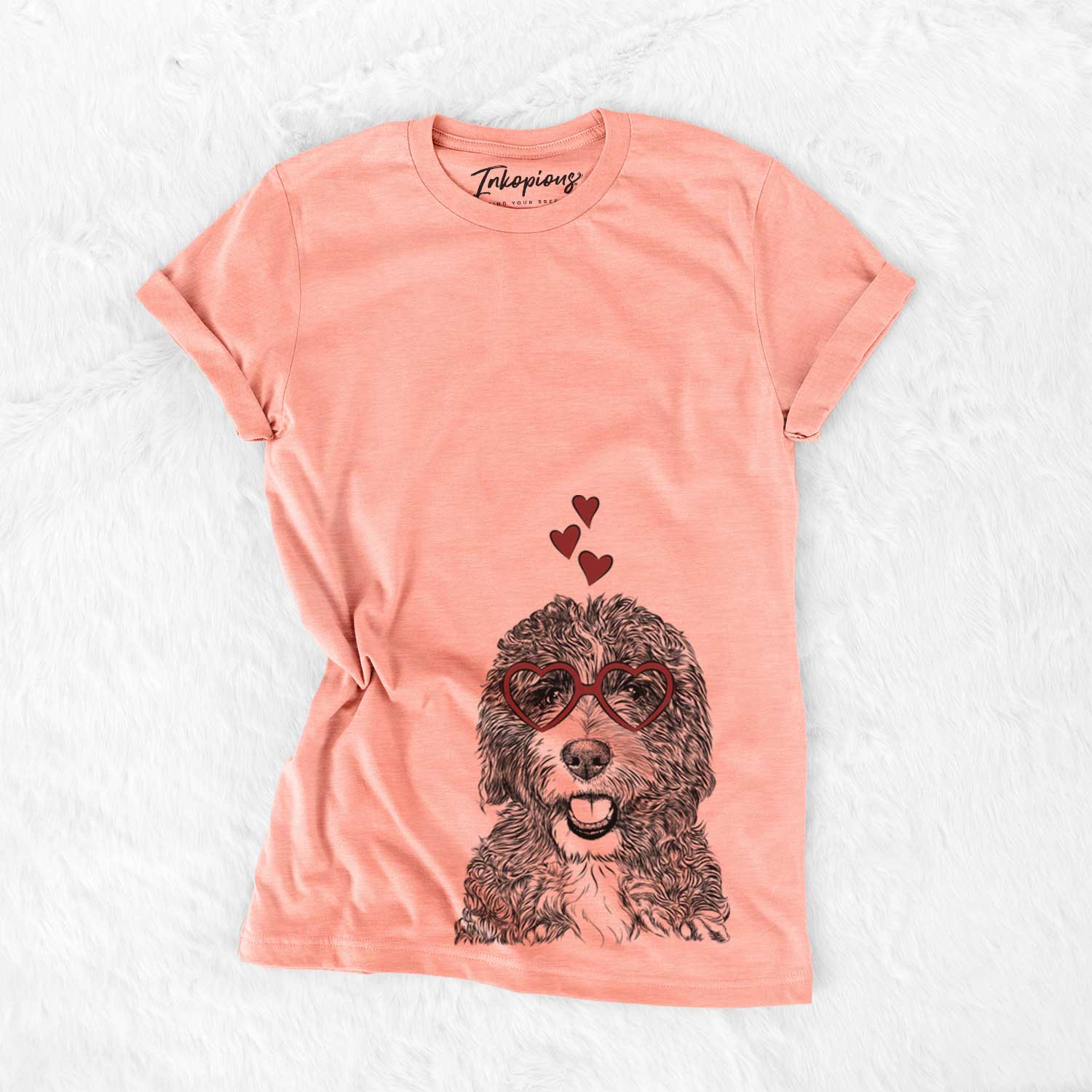 Hand-drawn sketch of Bash the Bernedoodle wearing heart-shaped glasses on a Sunset Bella Canvas Unisex Crewneck
