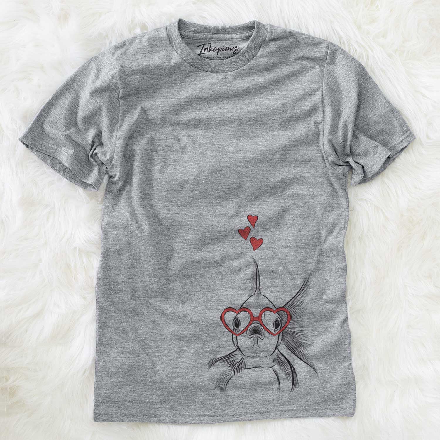 Hand-drawn sketch of Beefcake the Goldfish wearing heart-shaped glasses on a Grey Unisex crewneck