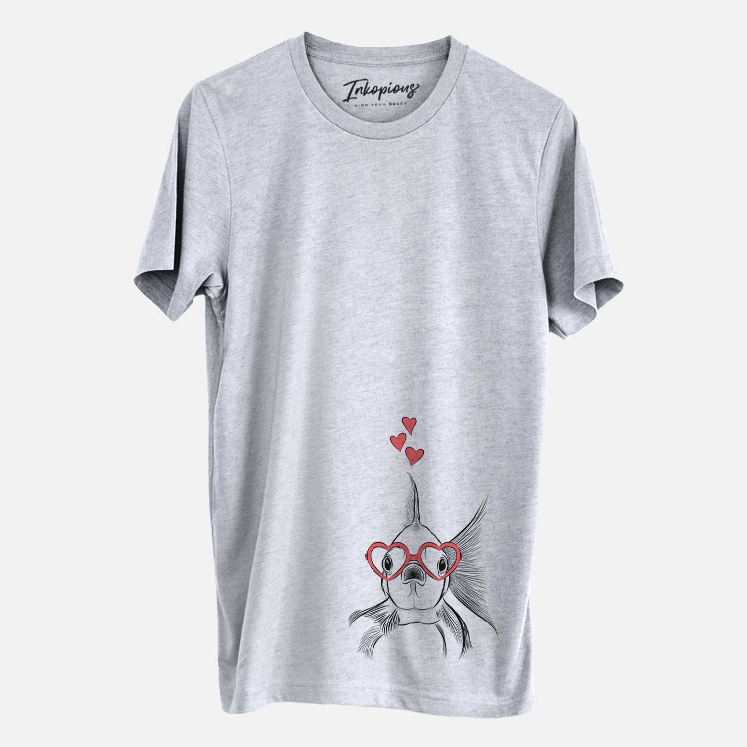 Hand-drawn sketch of Beefcake the Goldfish wearing heart-shaped glasses on a Grey Unisex crewneck