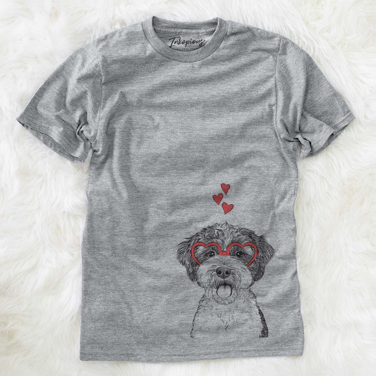 Hand-drawn sketch of Bella the Cockapoo wearing heart-shaped glasses on a Grey Unisex crewneck