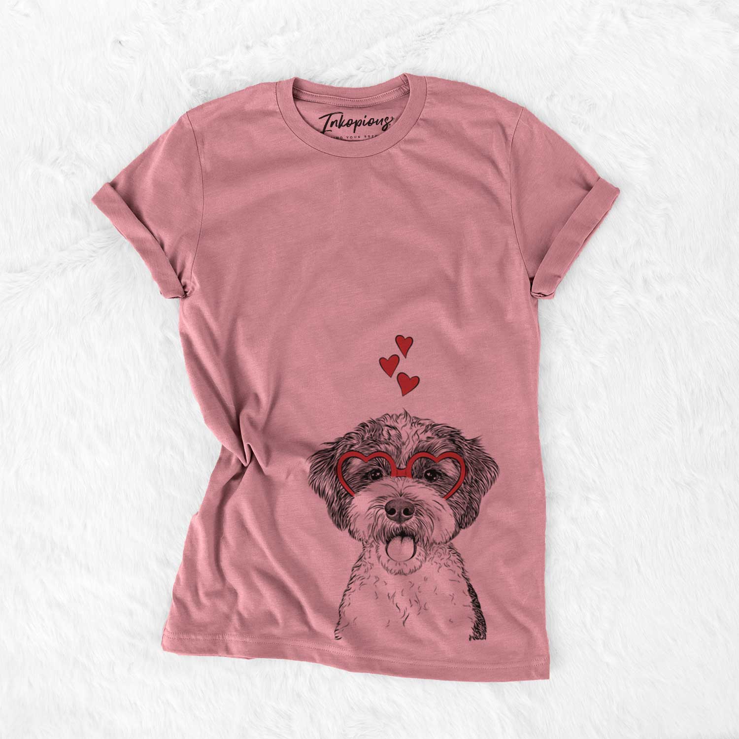 Hand-drawn sketch of Bella the Cockapoo wearing heart-shaped glasses on a Mauve Bella Canvas Unisex Crewneck